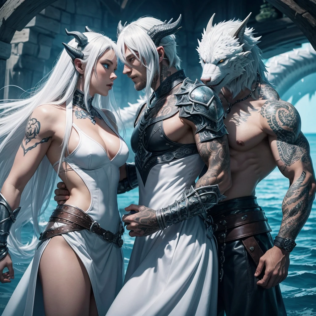 Dibuja a un chico de clear skin pelo blanco, Red eyes, with white werewolf characteristics. He wears leather armor with gray wolf fur., muscular and with tattoos on his torso.
That he is with his partner, a girl who is an aquatic dragon., with blue eyes, clear skin, aquatic ears, maritime dragon tail, a light blue dress bordered in white, aquatic dragon horns. that they are kissing