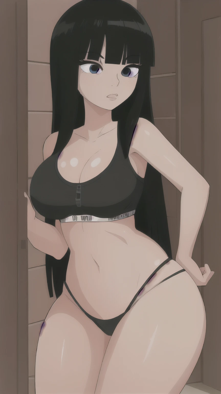 1 femboy, solo, a cute girl with jet black hair, blunt bangs, and deep black eyes, NSFW, in a dynamic pose showing the upper body and whole body, highly detailed, best quality, masterpiece, absurdities, beautiful face, detailed eyes, detailed face, full body, 4k, ((masterpiece)), extremely detailed, 8k, trending on ArtStation, Intricate, High Detail, Sharp focus, ckundies, 1girl, underwear, solo, panties, thick thighs, breasts, thighs, navel, sports bra, (black panties with an erect bulge), clothes writing, (indoors), (colorful),(delicate eyes and face), volumatic light, ray tracing, bust shot , extremely detailed CG unity 8k wallpaper, masterpiece, extremely detailed face, beautiful face, (detailed eyes, deep eyes), (1girl, femboy), from beside, full body, landidzu, detailed_background