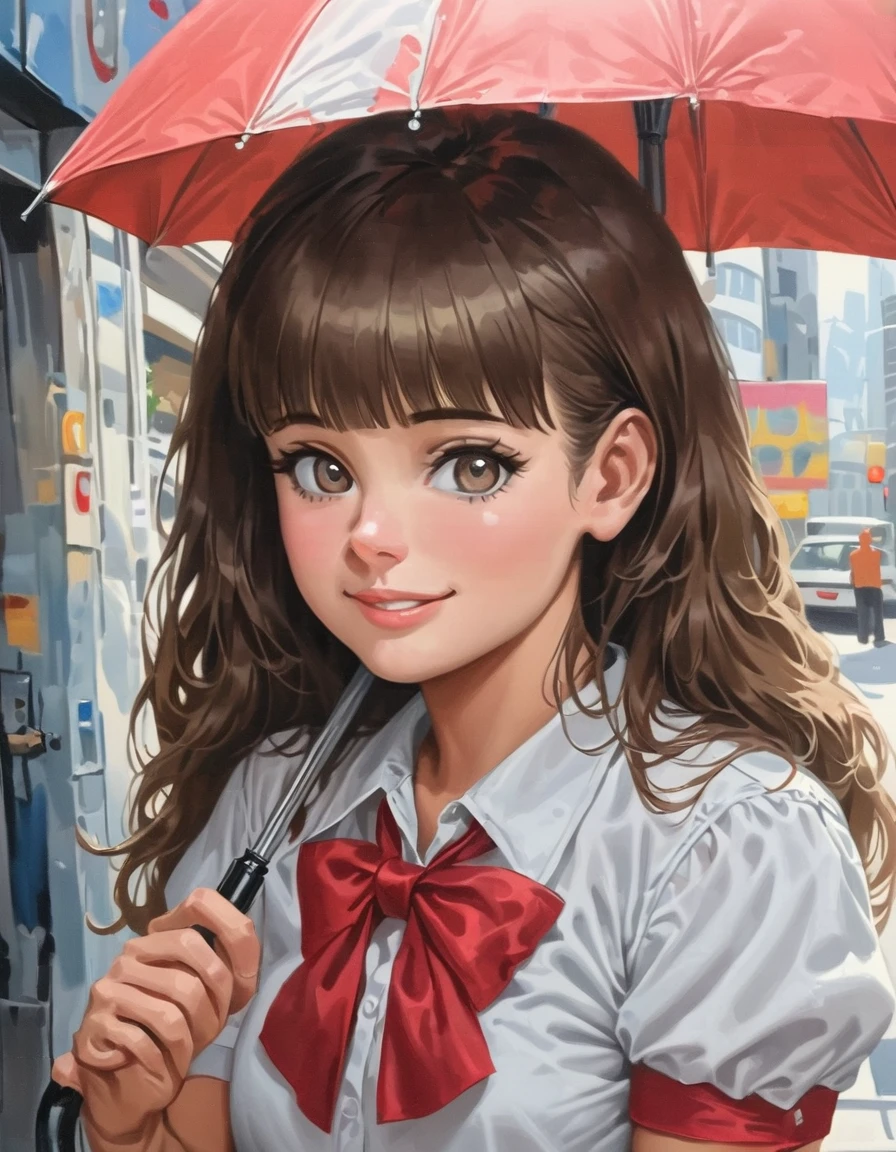 (Best Quality,4k,8k,High resolution,masterpiece:1.2), ultra detailed, (realist,photorealist,photo-realist:1.37),1girl, Alone, long hair, smile, bangs, brown hair, shirt, black hair, bow, brown eyes, White shirt, upper body, short sleeves, puffy sleeves, bowtie, red bow, puffy short sleeves, umbrella, red bowtie, retro artstyle, 1990s \(style\), 1980s \(style\)