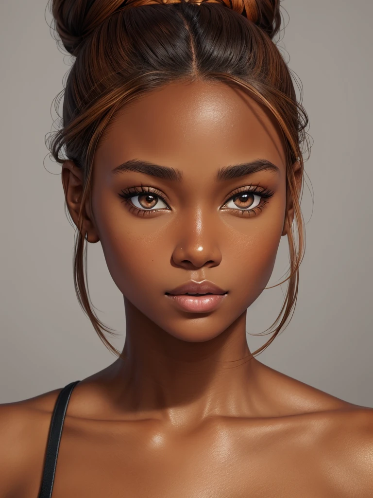 beautiful woman, tan, dark orange toned skin, face, hair bun, detailed eyes, hyper realism, grey background