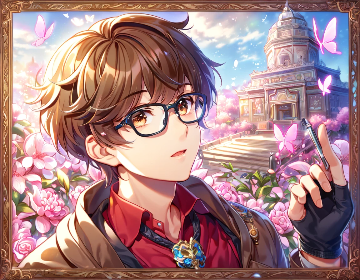 absurdres, highres, ultra detailed, HDR, master piece, best quality, extremely detailed face, delicated features, Wu Xie, brown hair, expressive brown eyes, glasses with black frames, with bangs, The Lost Tomb, solo, sexy man, handsome, brown coat, red shirt, fingerless tactical black gloves, fantasy, magical, pink butterflies, spring, pink leaves, pink flowers