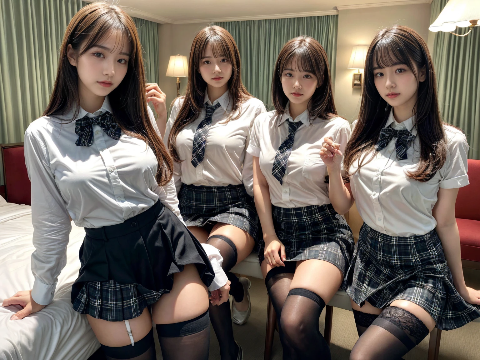masterpiece, best quality, illustration, Super detailed, fine details, High resolution, 8K,wall paper, perfect dynamic composition,(Details High quality, realistic depiction of eyes:1.3), (3 girls), (white school shirt :1.2), (plaid skirt :1.3), tie black, black thigh-high stockings, sitting, open legs, short bob hair, in a hotel room in the background, deep on field, large breasts, black hair color, Big Natural Color Lip, (perfect body shape), crying a little、Harajuku style、20 year old girl、cute type、beautiful legs, Gravure Idol