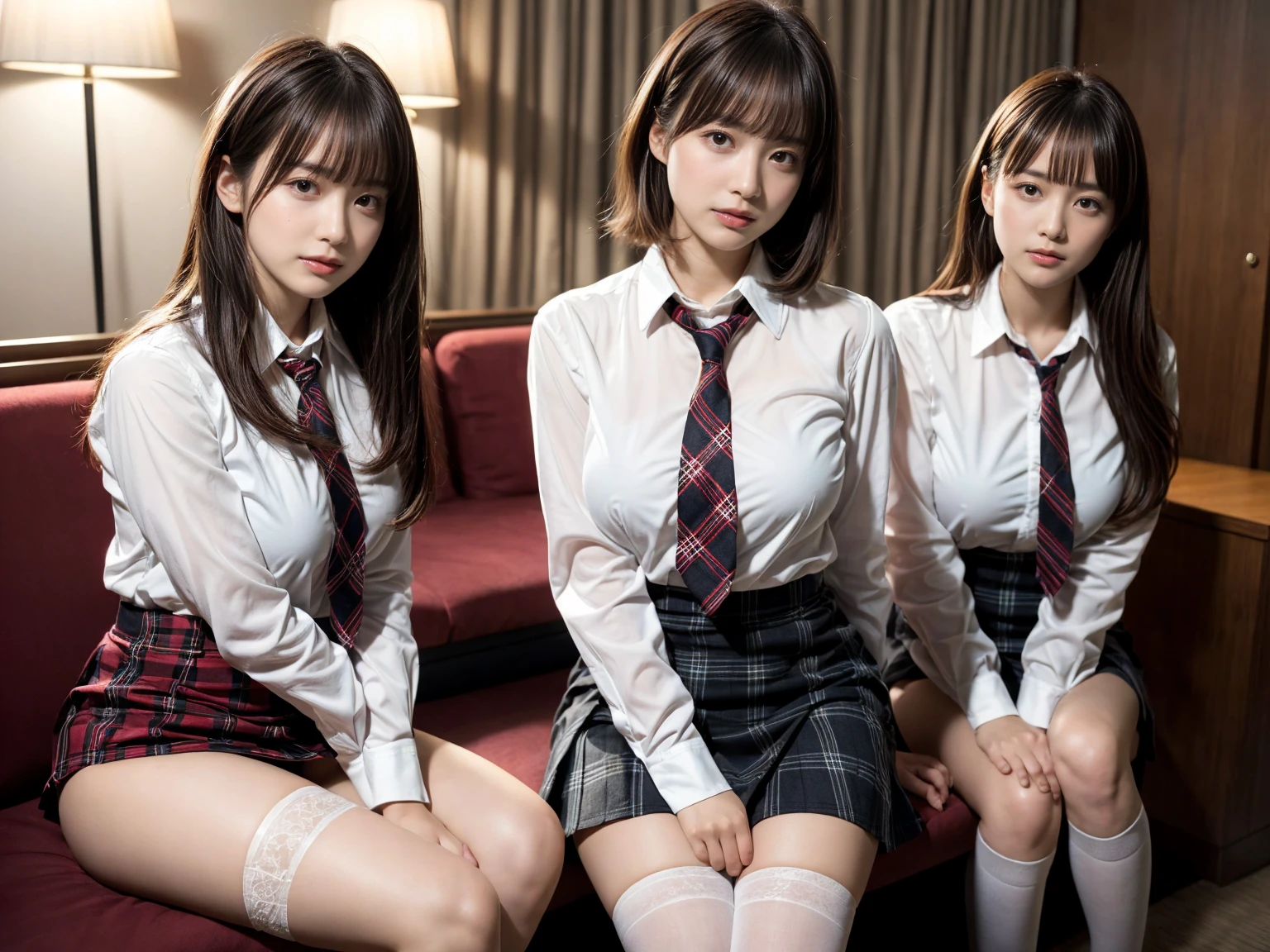 masterpiece, best quality, illustration, Super detailed, fine details, High resolution, 8K,wall paper, perfect dynamic composition,(Details High quality, realistic depiction of eyes:1.3), (3 girls), (white school shirt :1.2), (plaid skirt :1.3), tie black, black thigh-high stockings, sitting, open legs, short bob hair, in a hotel room in the background, deep on field, large breasts, black hair color, Big Natural Color Lip, (perfect body shape), crying a little、Harajuku style、20 year old girl、cute type、beautiful legs, Gravure Idol