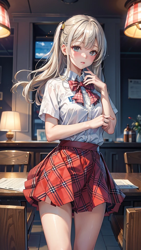 (La Best Quality,A high resolution,Ultra - detailed,actual),Alisa Mikhailovna Kujou es un estudiante, (short plaid skirt shein:1.4), silver blonde hair, student shirt, It&#39;s a mix of Russian and Japanese.,(uniform and student Lolita :1.4), (alya Sometimes Hides Her Feelings in Russian:1.4 ), (alya Sometimes Hides Her Feelings in Russian:V2.1) ,(School hallway lockers background :1.4 ), epic fantasy art style hd, 4K fantasy art, epic fantasy digital art style, epic fantasy art style, Fantasy Woman, epic fantasy art portrait, Epic fantasy style, hyperrealistic fantasy art, hd fantasy art, epic fantasy character art, epic fantasy art, in style of dark fantasy art, epic fantasy digital art, (cowboy pose :1.4), (Alisa Mikhailovna Kujou:1.4),( cyberpunk style :1.4), bright colors, (cinematic lighting :1.4),( face detailed :1.4),( stylized anime :1.4), (perfect anatomy :1.4), (high school classroom background :1.4), More detailed 8K.unreal engine:1.4,UHD,La Best Quality:1.4, photorealistic:1.4, skin texture:1.4, masterpiece:1.8,first work, Best Quality,object object], (detailed face features:1.3),(The correct proportions),(Beautiful blue eyes:1.4 ),  (cowboy pose), (Five Fingers, Four fingers and thumb),(skirt lifted by itself: 1.1), (skirt lift: 1.3), (showing white panties: 1.3)