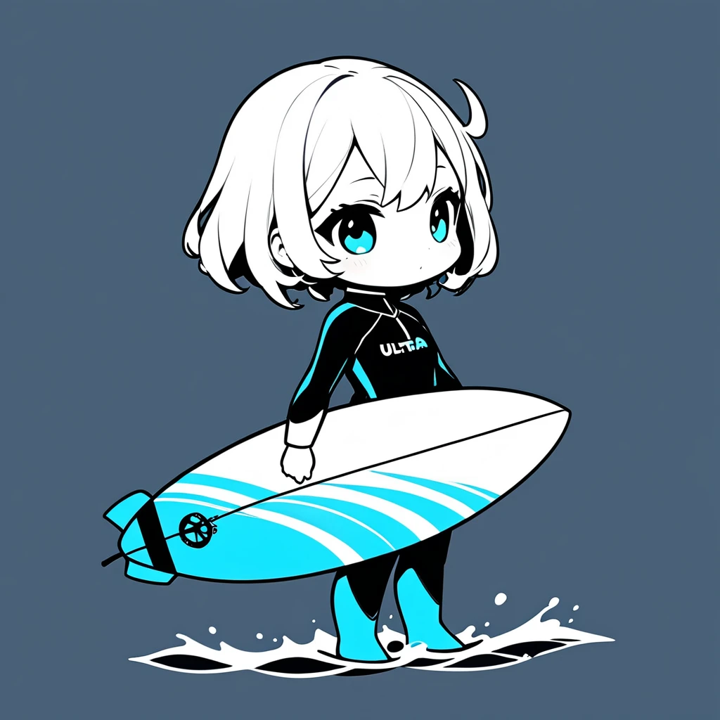 ultra-small deformation, Chibi Cute, 1girl, solo, full body, professional surfer, wet suit, surfing on top of her surfboard in tube of wave, High contrast and vivid color, simple background