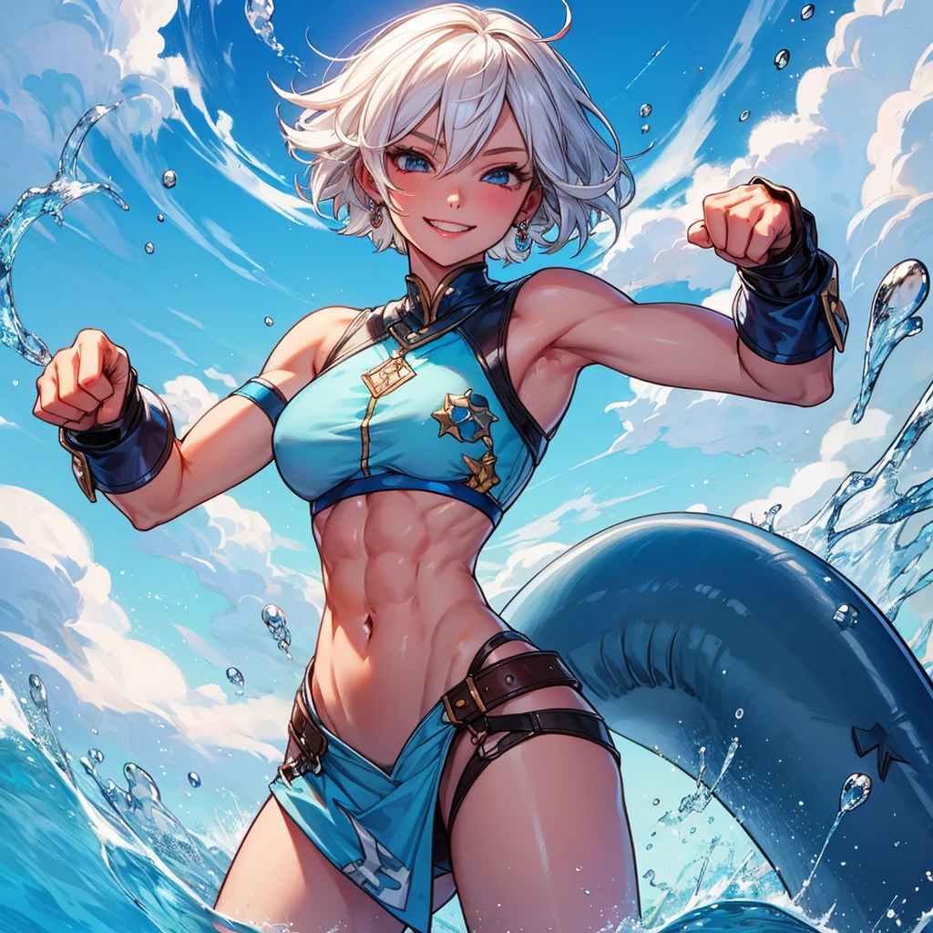 1girl, masterpiece, best quality, short white hair, blue skin, 6 pack abs, muscles, fantasy, crop top, shark teeth, cocky smile, fist wraps, water theme, fighter