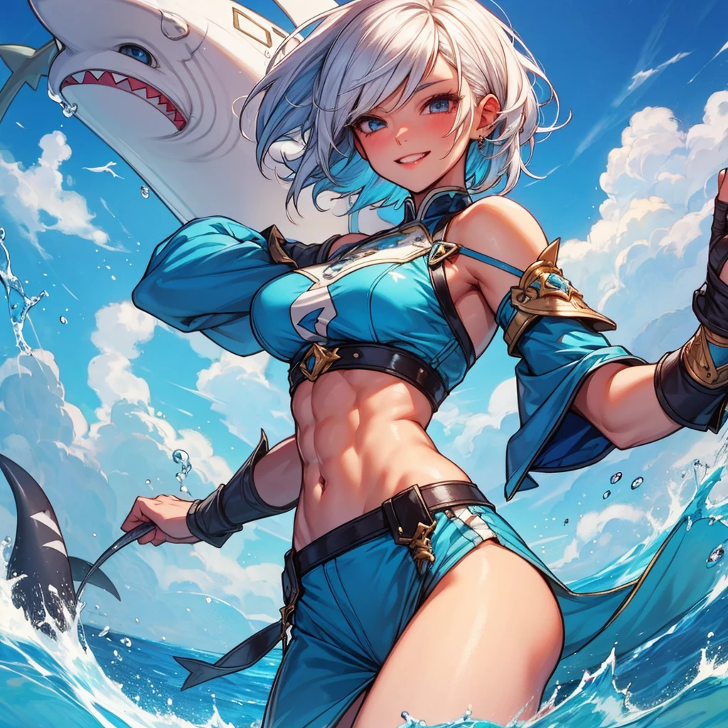1girl, masterpiece, best quality, short white hair, blue skin, 6 pack abs, muscles, fantasy, crop top, shark teeth, cocky smile, fist wraps, water theme, fighter