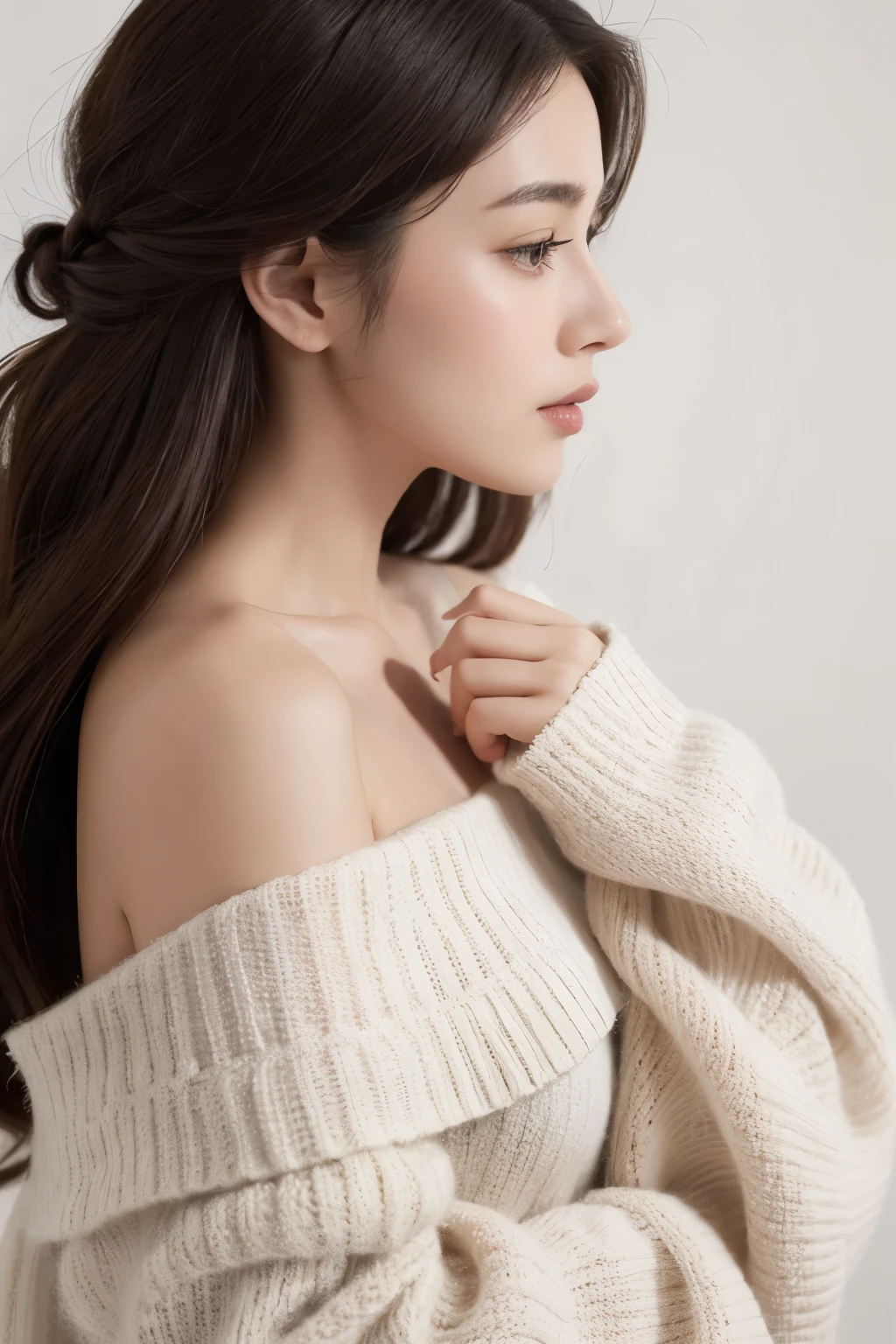 1 woman, Off shoulder, F cup, 45 degree side view, Realistic depictions