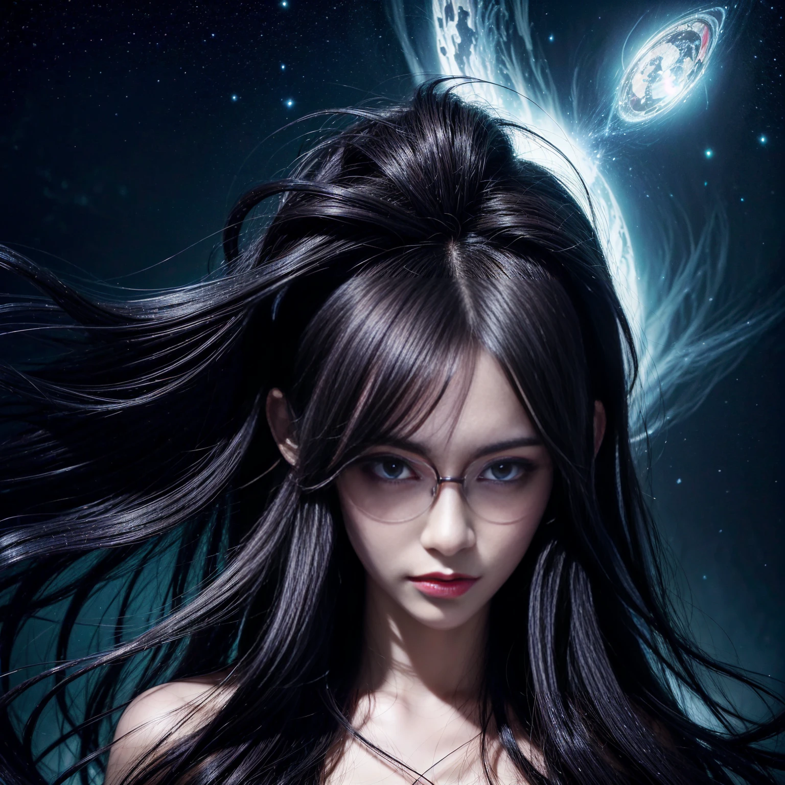 (highest quality,High resolution:1.2),(dark,Threatening:1.1),(Bad luckな:1.1), In the vortex of space,
Heart of a Goth Maiden, Very dark shade.
Her Eyes, Like dazzling fur in a starless haze,
A symphony of despair in their eyes.
Her Mogul Snaps, Mysterious Cemetery,
Think about it, The source of her sadness.
Black hair swaying in the moonlight,
She weaves despair into her dreams.
oh, Her Soul, Shadow&#39;Embrace,
Take me to space.
At each step of the Kelhudelgoring, She summons darkness,
Dance of the Void, Whippler Big Spark.
Her touch is the cold caress of the void,
In her vague existence, I am left confused.
For Love, Bumblewisk, Cosmic Power,
Stars shining in the endless night.
Confusion swirls, Let the emptiness cry out,
Our love is a dazzling dream in the universe.
Gothic Witch of the entire star world,
In your void, I find my soul.
Hypermaximalist, Anime Style, Breathtaking oil paintings, Surreal, Ultra-realistic digital illustrations that mimic the style of oil paintings, Seamlessly blending Alex Grey&#39;s psychedelic visionary art with H&#39;s biomechanical aesthetic.R. Giger. Great composition, masterpiece, highest quality, (devil,Satan,Lucifer:1.1),(devilish:1.1),(Bad luck,Bad luckな:1.1),(Powerful figure:1.1、Glasses) 、 ((((Huge glasses, Nerd Glasses, Round Glasses))))、(Red eyes glow:1.6)、(Red glowing eyes,Sharp teeth:1.1),(Black wings,thick,shabby:1.1),(hellish landscape:1.1),(fire,sulfur:1.1),(Threatening atmosphere:1.1),(dark shadows,Threatening presence:1.1),(Bad luck clouds,Stormy Skies:1.1),(dark,Spooky atmosphere:1.1),(Bad luck aura,Evil energy:1.1),(dark aura,cigarette:1.1),(Extreme heat,Burning Flames:1.1),(Surreal,Nightmare Visions:1.1),(Predicting the end:1.1),(Twisted corners,Fiery crown:1.1),(Bad luck whispers,devilish laughter:1.1),(Cries of pain,echoing screams:1.1),(Bad luck symbols,Ancient runes:1.1),(Mysterious Relic,dark artifacts:1.1),(Infernal Ritual,Ritual sacrifice:1.1),(devilish minio, Black and blonde hair, glasses