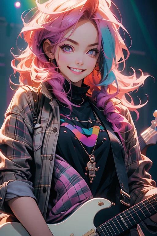 Perfect face. Perfect hands. A pink haired woman with violet eyes and an hourglass figure in a plaid jacket and ripped jeans is playing guitar on a stage with a big smile