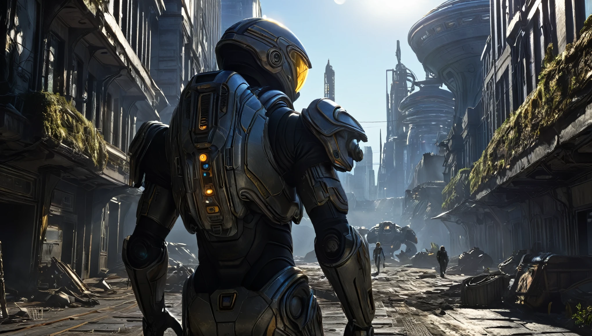 (based on the movie prometheus), Starcraft Prometheus lands on an unknown planet, a crew member Elizabeth Shaw, An archaeologist and scientist, Walk through a city of immense, highly technological buildings , semi-ruined, with abandoned machinery, golden hour lighting, all full of imagination,science fiction and (intricate details of the machine).photorealistic image,maximum sharpness, 8K quality.(top quality masterpiece).

