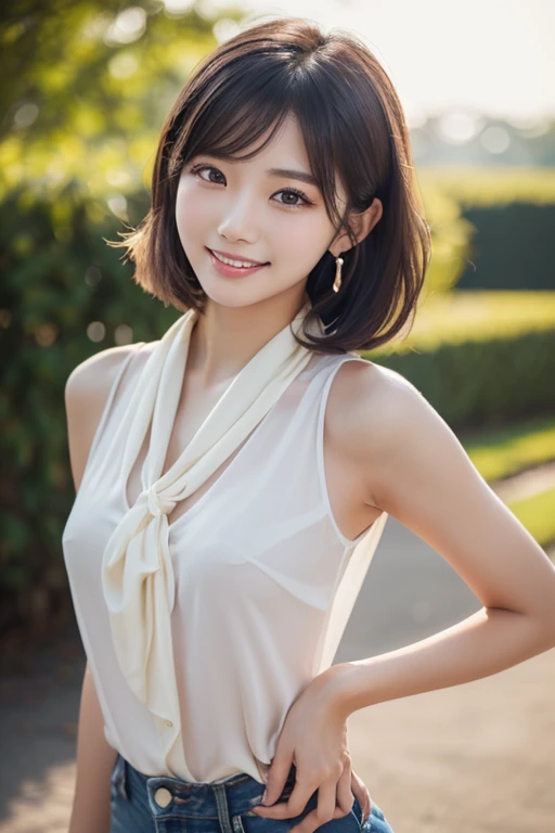 (A Beautiful youthful lady、 Korean woman、Fashion model、Black Hair、Wavy Hair、short hair、bob hair、ponytail hair、very detailed & beautiful facial features、beautiful detailed eyes、flawless skin、hands on hip、
ear piercing、silk scarf around the neck、see-through silk blouse & dresedium breasts、 melon face 、kind smile、Beautiful teeth alignment、Intricate details、(Very detailed:1.2)、 Looking into the camera, lens flare、sun rays、bokeh background, the cowboy shot, SFW)