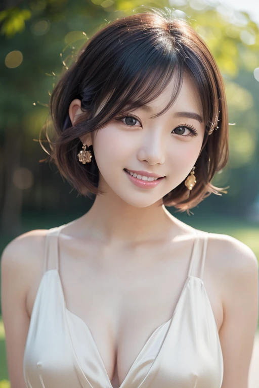 (A Beautiful youthful lady、 Korean woman、Fashion model、Black Hair、Wavy Hair、short hair、bob hair、ponytail hair、very detailed & beautiful facial features、beautiful detailed eyes、flawless skin、hands on hip、
ear piercing、silk scarf around the neck、see-through silk blouse & dresedium breasts、 melon face 、kind smile、Beautiful teeth alignment、Intricate details、(Very detailed:1.2)、 Looking into the camera, lens flare、sun rays、bokeh background, the cowboy shot, SFW)