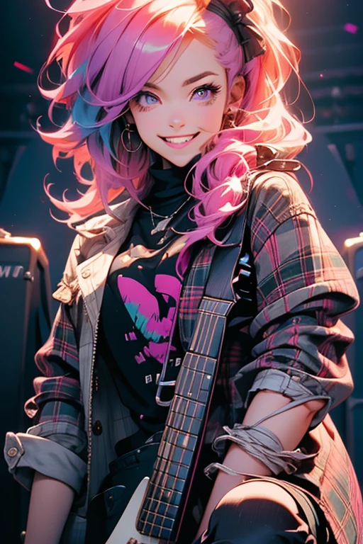Perfect face. Perfect hands. A pink haired woman with violet eyes and an hourglass figure in a plaid jacket and ripped jeans is playing guitar on a stage with a big smile
