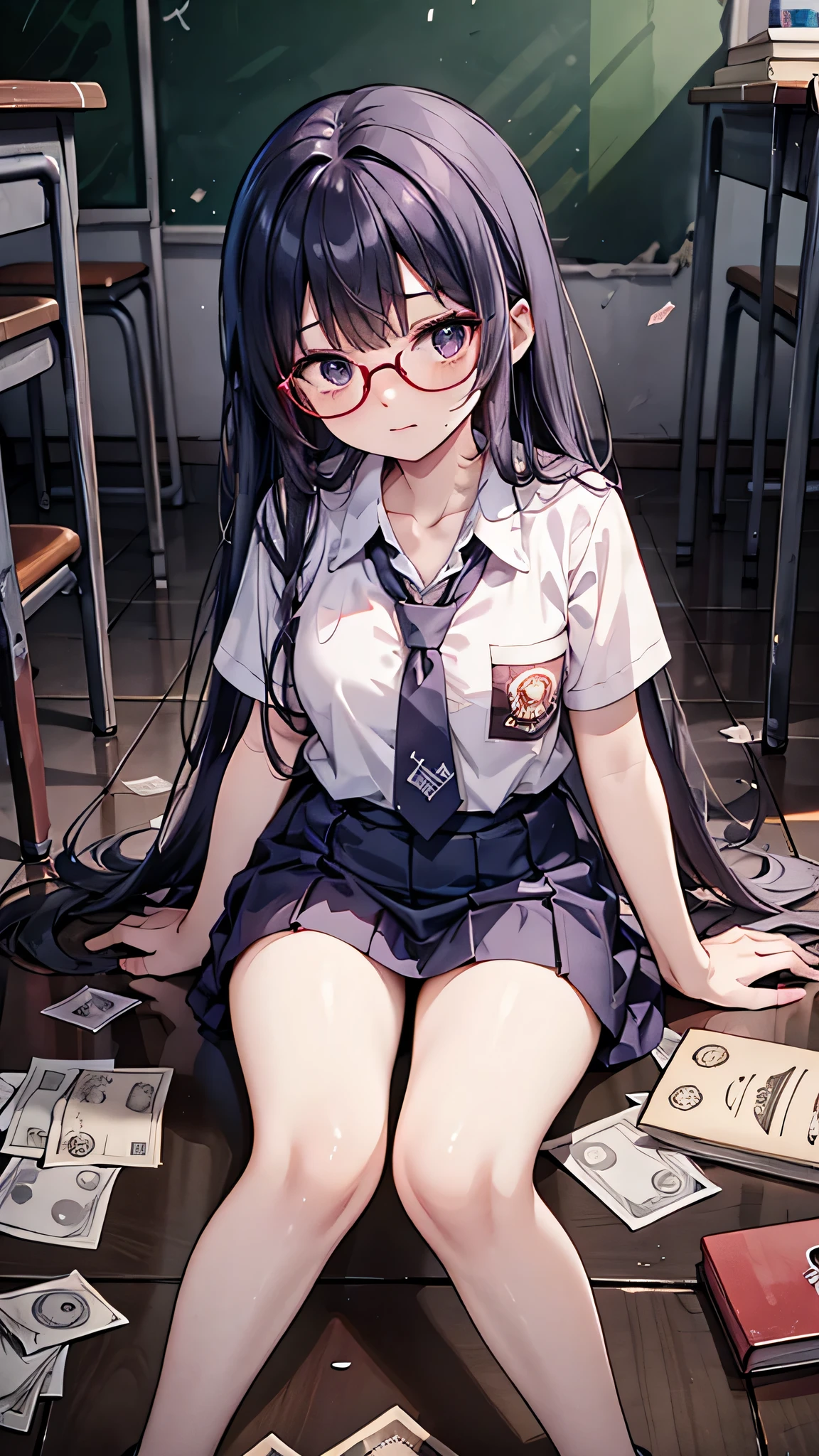 Anime style, a beautiful woman with glasses, long and beautiful straight hair, wearing a indoensian high school, lots of scattered paper money, inside a classroom, the paper money has red stains bloodne, thriller, horror, mysterious vibe