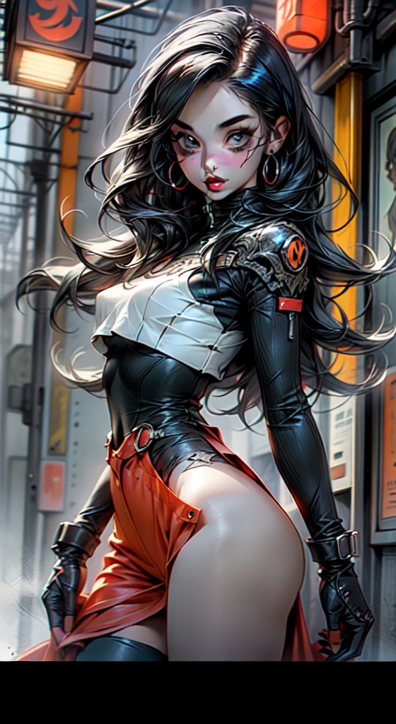 the spirit of Halloween in the form of a beautiful black woman, ( black and orange flowing hair, highly detailed face, medium_breast, ample hips, insanely detailed accentuated big booty, wearing gothic attire), the style of neo-traditoional Japanese, Magali Villeneuve, urban and edgy, extremely detailed, xiaofei Yue, dark crimson and orange, anime-inspired, traincore, --niji 5
