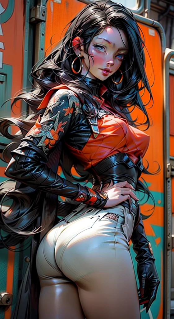 the spirit of Halloween in the form of a beautiful black woman, ( black and orange flowing hair, highly detailed face, medium_breast, ample hips, insanely detailed accentuated big booty, wearing gothic attire), the style of neo-traditoional Japanese, Magali Villeneuve, urban and edgy, extremely detailed, xiaofei Yue, dark crimson and orange, anime-inspired, traincore, --niji 5