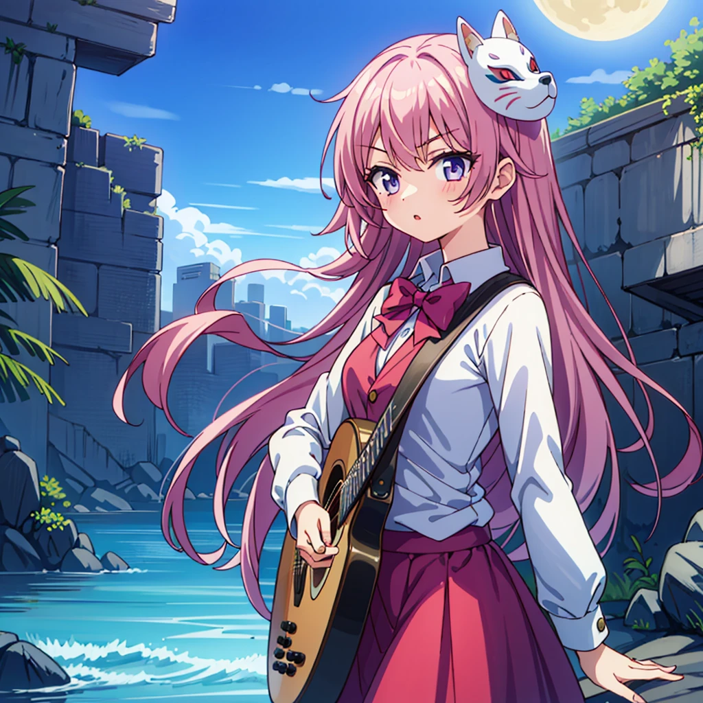 (1 Girl, size), (guitar Solitary), bubble skirt, aqua shirt, bow, bowtie, Buttons, collared shirt, Poker face, The eyebrows are covered by hair, fox mask, Cowboy shooting, Long hair, Long sleeve, mask, multicolored Buttons, Pink Eyes, Pink Hair, orange skirt, lattice, lattice shirt, purple bow, purple bowtie, shirt, skirt, Solitary, very Long hair, Ocean, Ocean洋, Ocean滩, cloudy, Sunlight, dusk, moon, cloud, Sky, outdoor, cloudy Sky, leaf, ruins, Sunlight, Post-apocalyptic, side view
