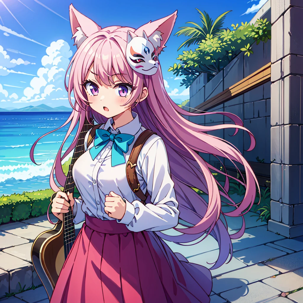 (1 Girl, size), (guitar Solitary), bubble skirt, aqua shirt, bow, bowtie, Buttons, collared shirt, Poker face, The eyebrows are covered by hair, fox mask, Cowboy shooting, Long hair, Long sleeve, mask, multicolored Buttons, Pink Eyes, Pink Hair, orange skirt, lattice, lattice shirt, purple bow, purple bowtie, shirt, skirt, Solitary, very Long hair, Ocean, Ocean洋, Ocean滩, cloudy, Sunlight, dusk, moon, cloud, Sky, outdoor, cloudy Sky, leaf, ruins, Sunlight, Post-apocalyptic, side view