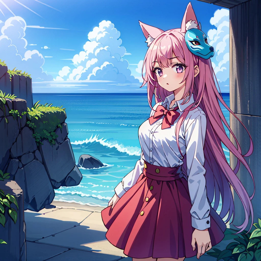 (1 Girl, size), (guitar Solitary), bubble skirt, aqua shirt, bow, bowtie, Buttons, collared shirt, Poker face, The eyebrows are covered by hair, fox mask, Cowboy shooting, Long hair, Long sleeve, mask, multicolored Buttons, Pink Eyes, Pink Hair, orange skirt, lattice, lattice shirt, purple bow, purple bowtie, shirt, skirt, Solitary, very Long hair, Ocean, Ocean洋, Ocean滩, cloudy, Sunlight, dusk, moon, cloud, Sky, outdoor, cloudy Sky, leaf, ruins, Sunlight, Post-apocalyptic, side view