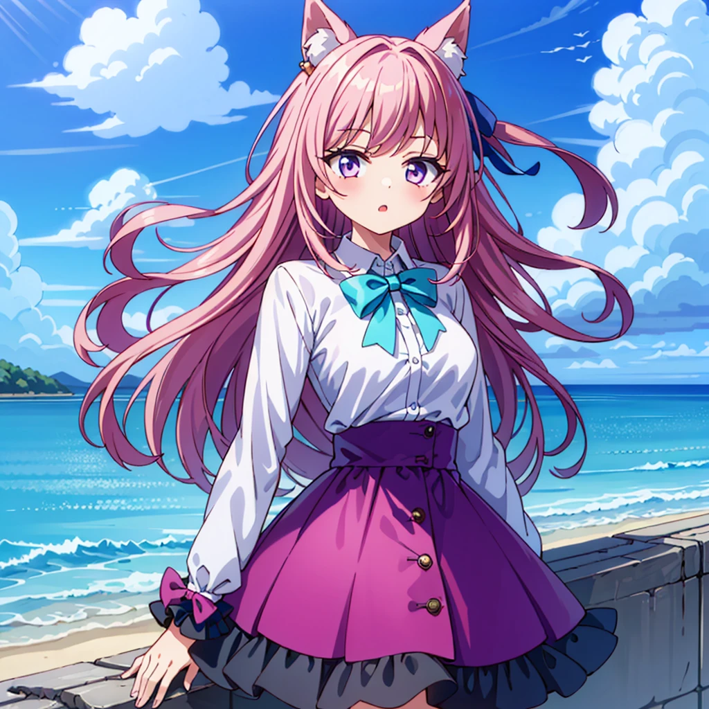 (1 Girl, size), (guitar Solitary), bubble skirt, aqua shirt, bow, bowtie, Buttons, collared shirt, Poker face, The eyebrows are covered by hair, fox mask, Cowboy shooting, Long hair, Long sleeve, mask, multicolored Buttons, Pink Eyes, Pink Hair, orange skirt, lattice, lattice shirt, purple bow, purple bowtie, shirt, skirt, Solitary, very Long hair, Ocean, Ocean洋, Ocean滩, cloudy, Sunlight, dusk, moon, cloud, Sky, outdoor, cloudy Sky, leaf, ruins, Sunlight, Post-apocalyptic, side view