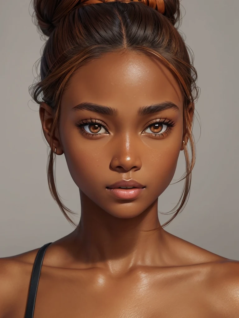 beautiful woman, tan, dark orange toned skin, oily skin, face, hair bun, detailed eyes, hyper realism, grey background