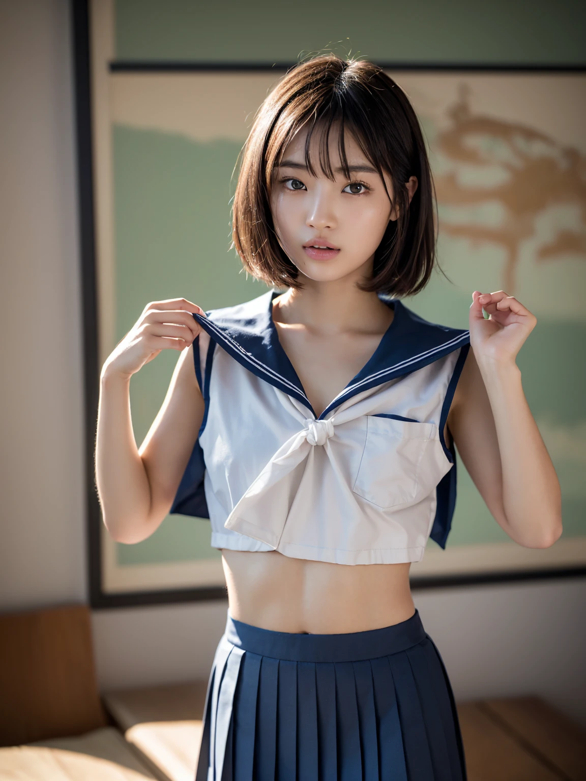 (masterpiece), Very detailed, Ultra-high resolution, Realistic, photo Realistic, High-resolution RAW color photos, Professional photos, Sharp focus, (Very detailed顔と肌の質感, Very beautiful eyes, Glossのある肌, Glowing Skin, Glowing Skin, Shining Face, Gloss, Oily skin, greasy face, Oily skin, greasy face,),, (real Glossのある肌 texture), Perfect ???????, Very detailed背景,((Health Room)),(1 female,25-year-old woman, Japanese women),(lean slender body),(short hair, Straight hair, bangs, Brown Hair),(Flat Chest:1.6), (((Japanese Sailor Suit,Japanese school sailor uniform, Pleated skirt)))、((((Undressing))))