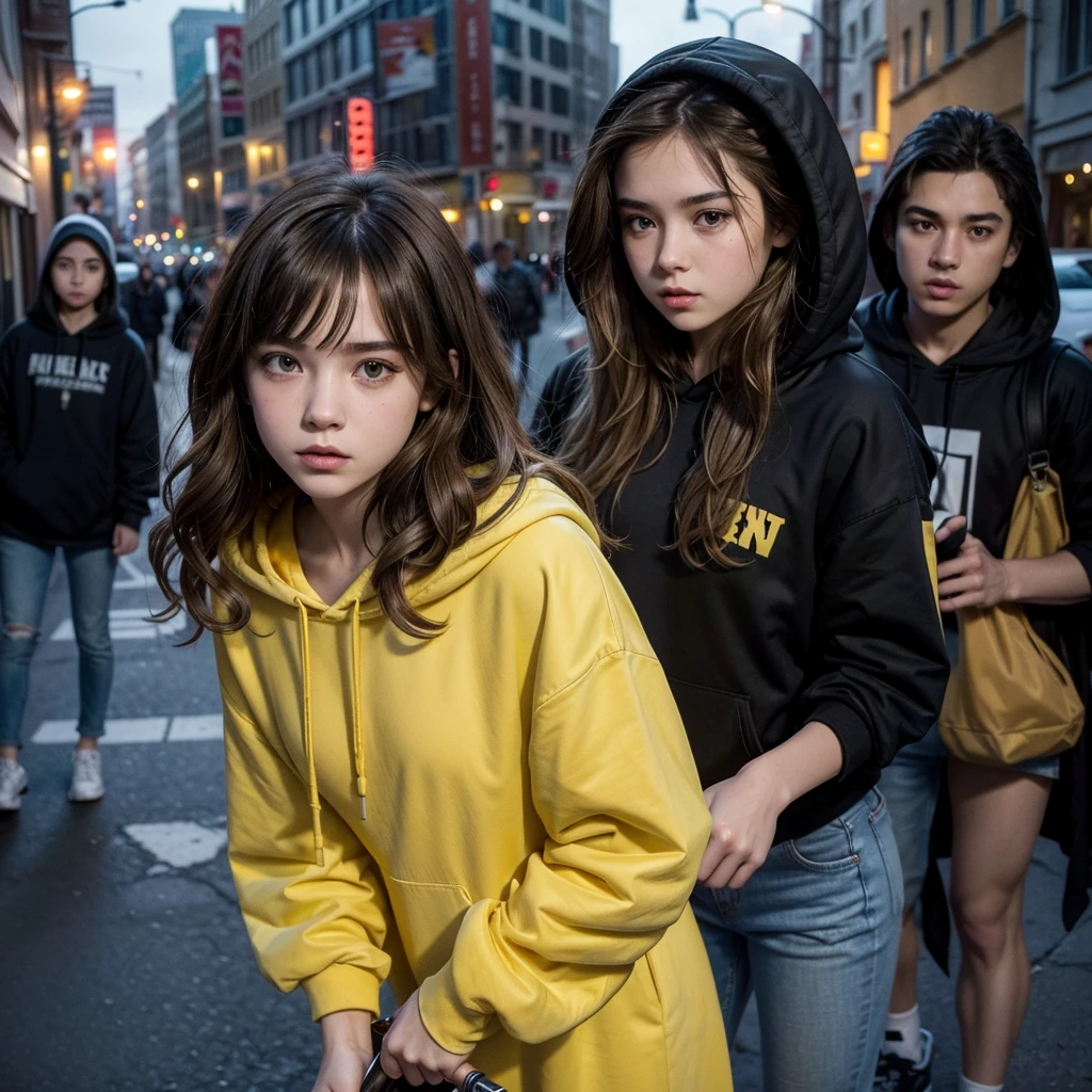 In the background a hooded killer holding a knife. Around a bright city and two young people, a brunette girl with wavy hair and a yellow dress kissing a white boy with blond hair dressed in a black sweatshirt and jeans.