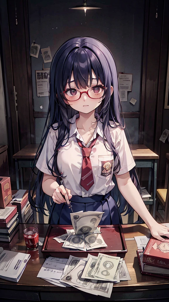 Anime style, a beautiful woman with glasses, long and beautiful straight hair, wearing a indoensian high school, lots of scattered paper money, inside a classroom, the paper money has red blood stains bloody scene, thriller, horror, mysterious vibe, more blood