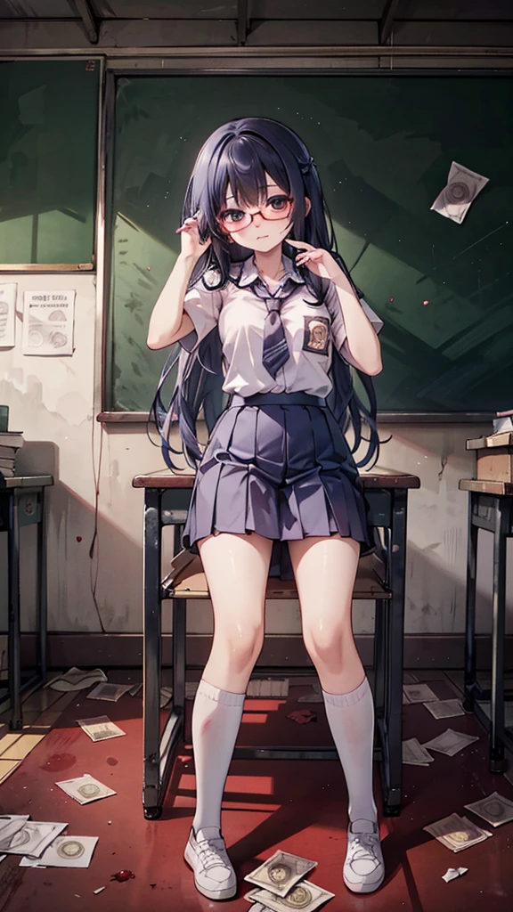 Anime style, a beautiful woman with glasses, long and beautiful straight hair, wearing a indoensian high school, lots of scattered paper money, inside a classroom, the paper money has red blood stains bloody scene, thriller, horror, mysterious vibe, more blood