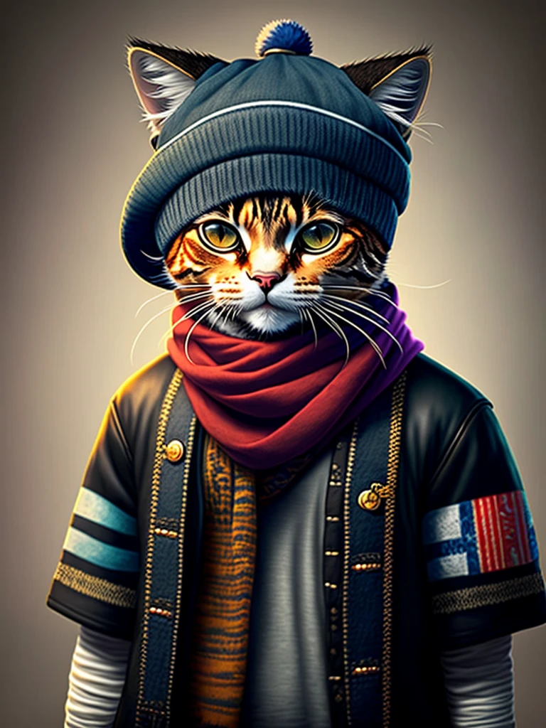 picture of a cat in a hat and scarf, art station trend, dressed in punk clothes, hyper realistic detailed rendering, british gang member, urban style, intimidating pose, planet of cats, fashion clothes, urban samurai, meow, west slavic traits, 8 1 5