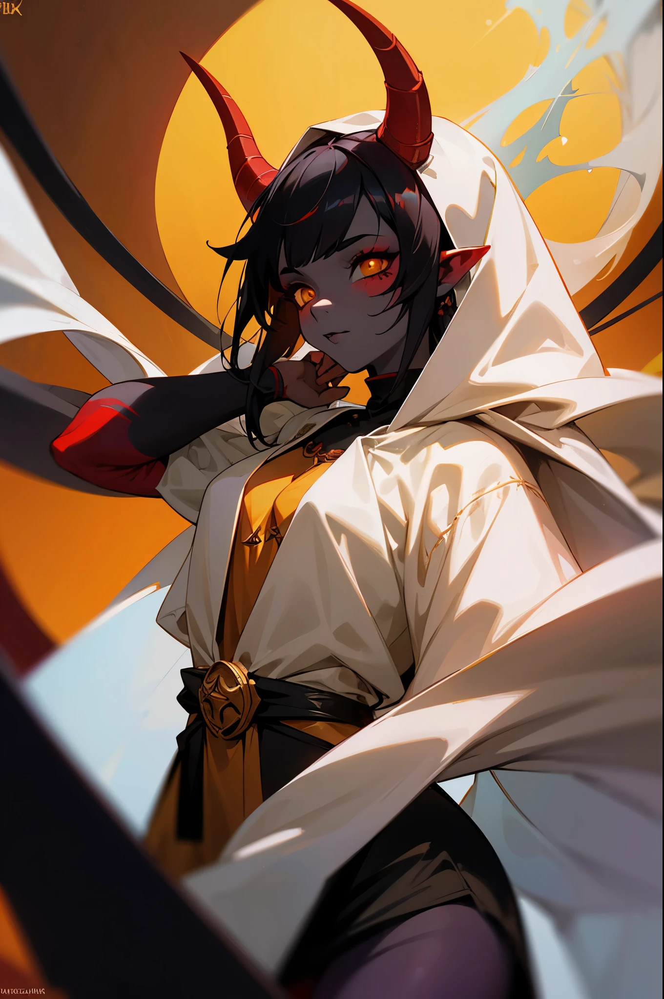 Red skin tiefling girl with horns, tight white priestess outfit, dnd style portraiе, pixie-cut black hair, dark make-up, black lipstick, dark face tatoo, warlock celestial, yellow eyes,black skirt,sex face