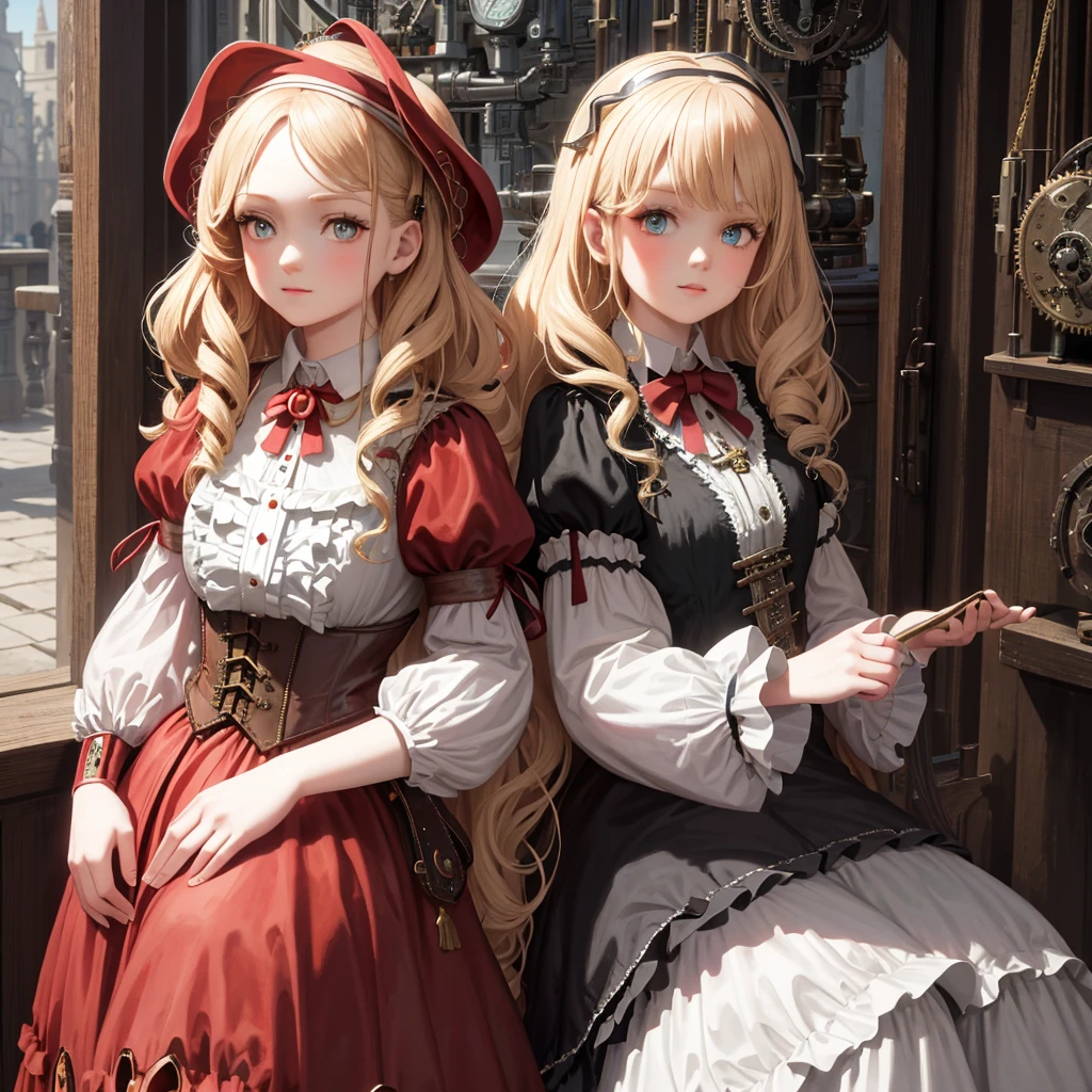close up, Straight blond short curly hair red riding hood, Clock on necklace, (Victorian Era), ((Steampunk)), photography, Work, elegant, meticulous, Gorgeous, Maximum details, Extreme pursuit of aesthetics, Complex details, Lots of gears, Old town background