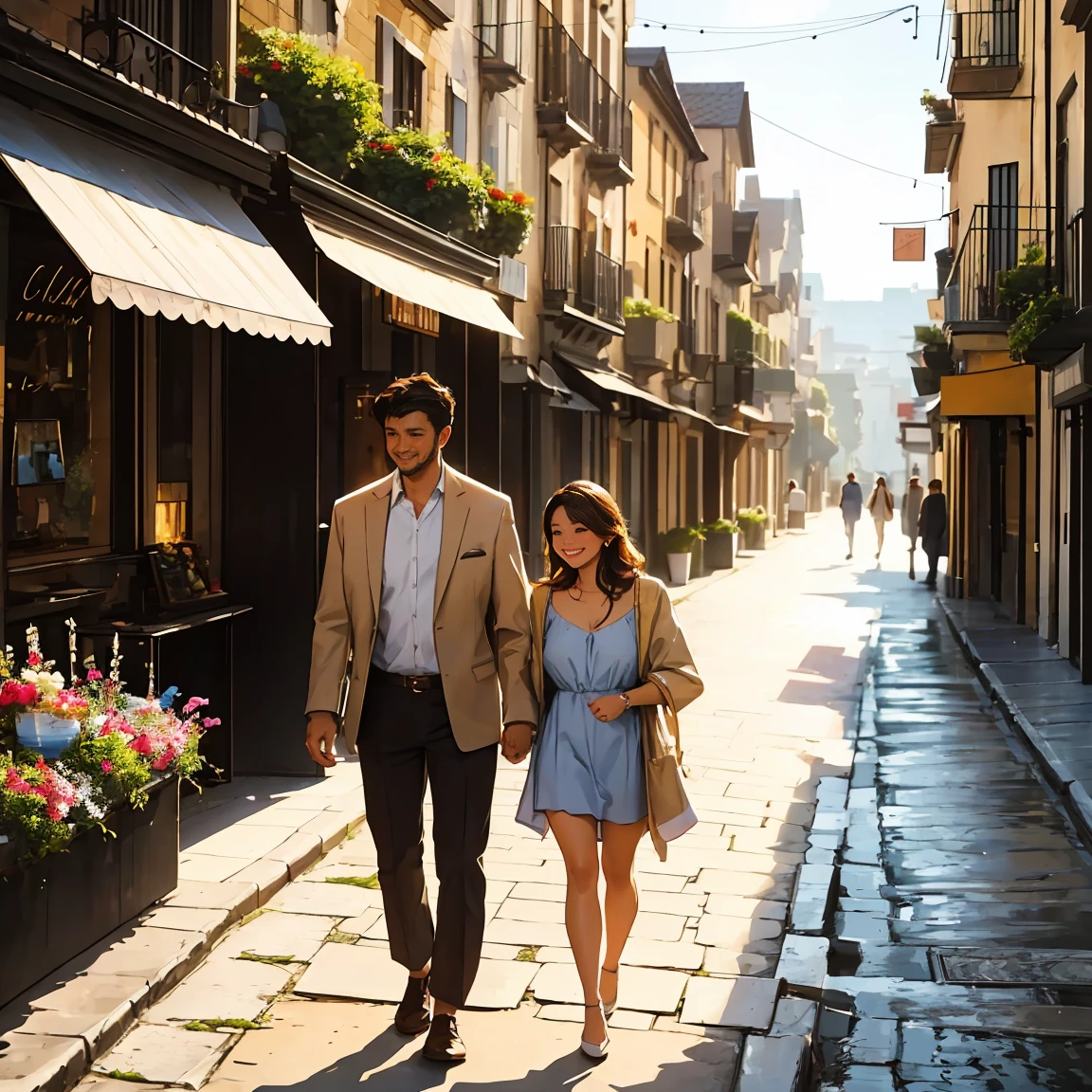 A loving couple walking hand in hand through a beautiful cityscape. The man and woman share a sweet and affectionate connection, smiling at each other as they stroll. The scene is set in a picturesque urban area with a stunning background featuring vibrant colors, lush greenery, and a clear blue sky. The atmosphere is warm and inviting, with the couple enjoying a peaceful, sunny day.
The woman has long, fancy brown-dyed hair and is dressed in stylish, bright clothing, while the man complements her outfit with casual yet fashionable attire. Their closeness and gentle expressions convey their affection and happiness. The scenery around them includes charming streets, blooming flowers, and architectural details that add depth and character to the setting. The image captures a vivid color palette, soft focus, and a serene, romantic ambiance, highlighting the couple's sweet moment together."