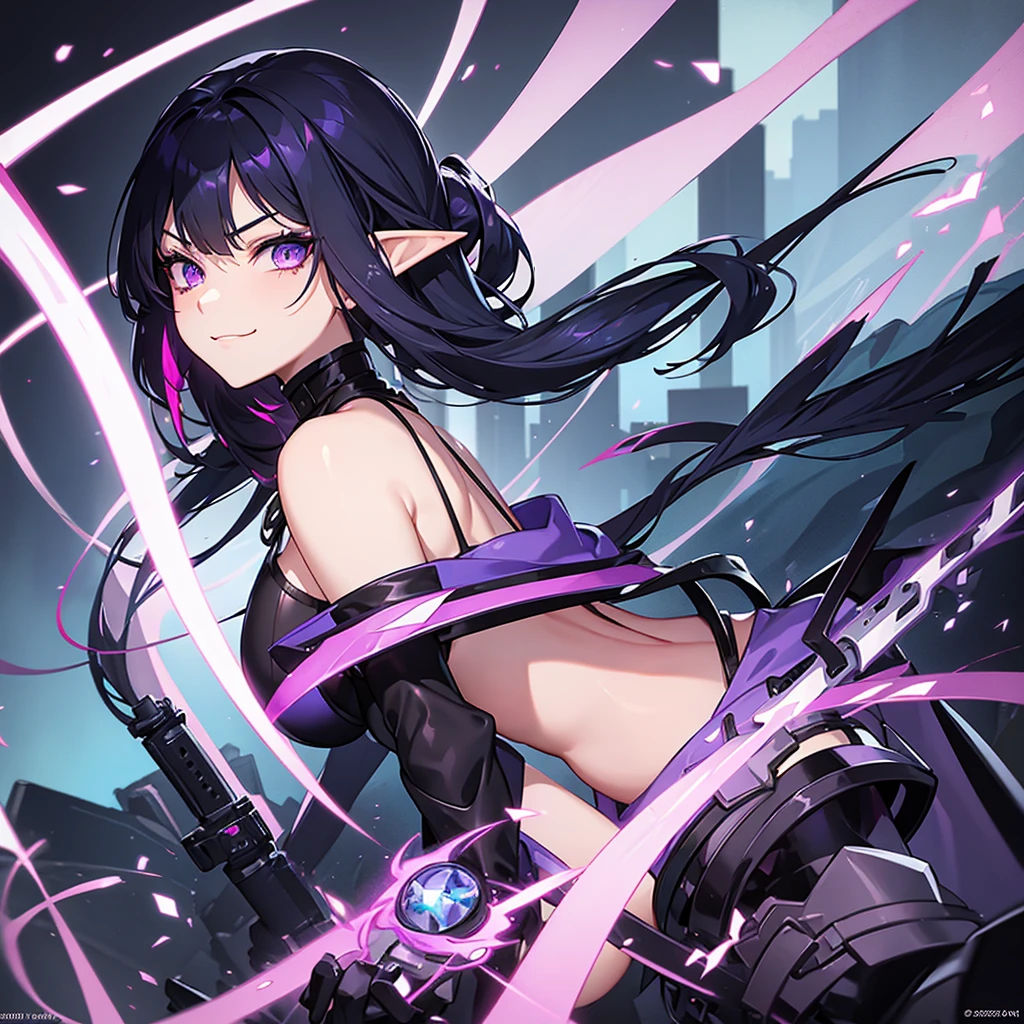 Busty Elf, dark blue skin, lilac amethyst eyes, black hair with blue inside straight long side bangs, rogue assassin soldier outfit with deep neckline, neon pink clothing colors, alternative style, open smirk