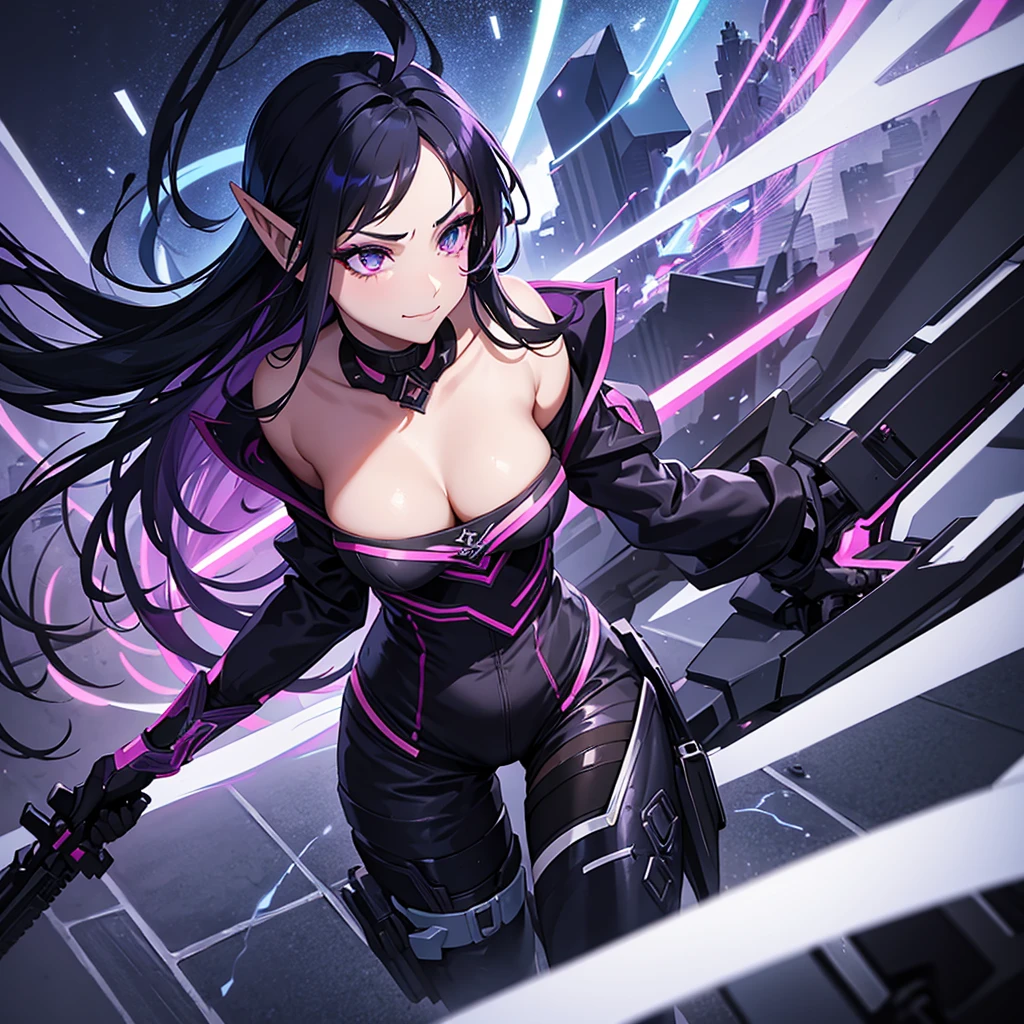 Busty Elf, dark blue skin, lilac amethyst eyes, black hair with blue inside straight long side bangs, rogue assassin soldier outfit with deep neckline, neon pink clothing colors, alternative style, open smirk