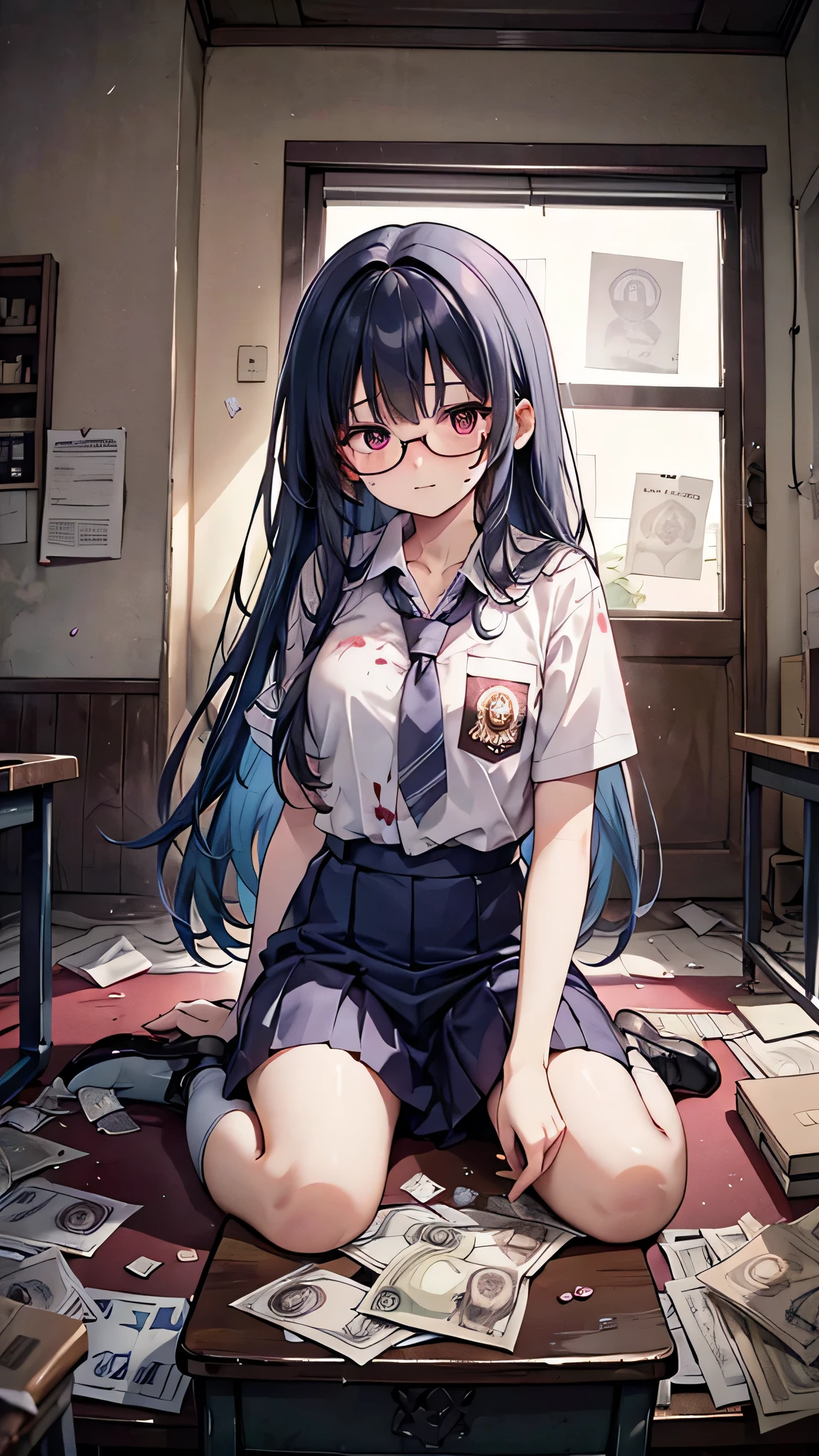 Anime style, a beautiful woman with glasses, long and beautiful straight hair, wearing a indoensian high school, lots of scattered paper money, inside a classroom, the paper money has red blood stains bloody scene, thriller, horror, mysterious vibe, more blood