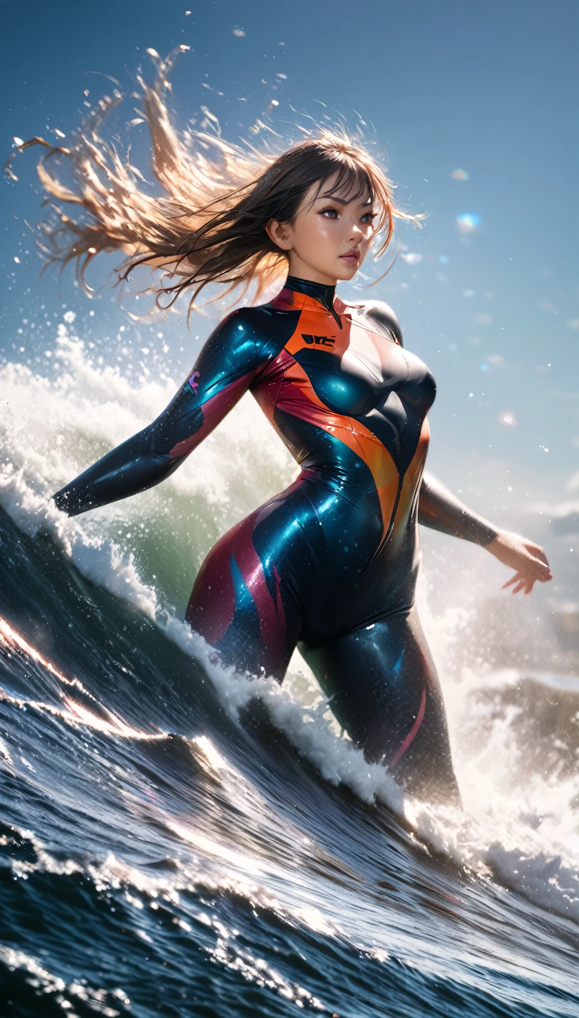 beautiful woman, surfing, wearing flashy wetsuit, covered in tattoos, great proportion, big wave, water splash, uplifting, background rough sea, shading effects, gradation magic effects, foggy filter effects, glitter effects, sunlight effect, motion effect, blur effect, (ultra detailed, absolutely resolution, best quality:1.3), 2.5D, delicate and dynamic, seamless image fusion, artistic photography, hyper realistic, graphic CG digital art
