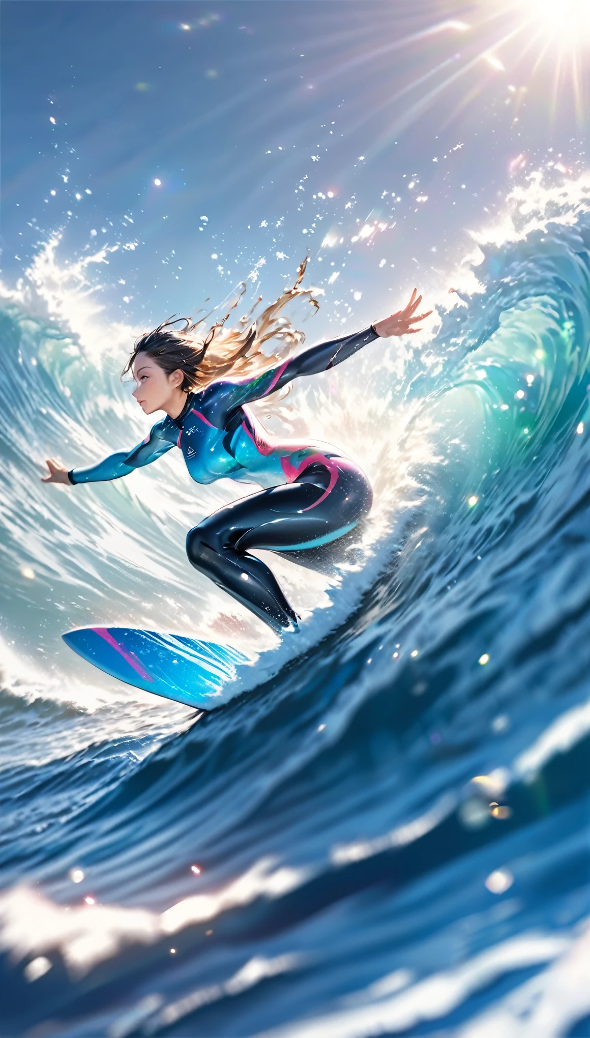 beautiful woman, surfing, wearing flashy wetsuit, covered in tattoos, great proportion, big wave, water splash, uplifting, background rough sea, shading effects, gradation magic effects, foggy filter effects, glitter effects, sunlight effect, motion effect, blur effect, (ultra detailed, absolutely resolution, best quality:1.3), 2.5D, delicate and dynamic, seamless image fusion, artistic photography, hyper realistic, graphic CG digital art