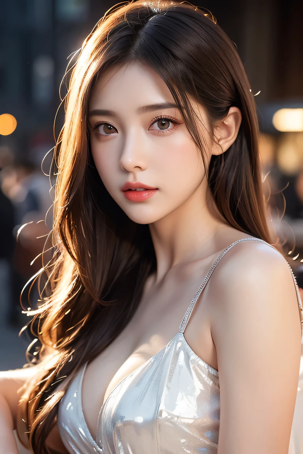 High-quality work,Realistic works,Super premium graphics,8K HD CG works,high quality graphics,High-definition and exquisite CG works,10x pixels,Ultra-fine details:1.1,Advanced technical details:1.1Realistic photo effects,Interior lighting effects:1.5,natural soft light:1.5. Light effect(Virtual light effects:1.8),ultra high resolution,shining dress,sliver long hair,silber hair,transparenthair,high detailed hair(Quality hair details:1.1)Clear eyes,Double eyelids look good,Sharp eye makeup, Create exquisite eyelash makeup, tthin eyebrows, Ultra-detailed eyes,a tall nose, lovely red lips, rosey cheeks, With delicate makeup on her face , pretty face, The face shape is perfectly proportioned,(Advanced facial details:1.1)Masterpiece, highest quality, realistic, very detailed. Subtleties High resolution 8k wallpaper beautiful woman. Wearing a dark blue see-through shirt. Great bar restaurant. At night. Light brown messy hair. The perfect dynamic composition of beautiful and beautiful eyes gradually in 25 year old woman has a long light brown hairstyle with slight bangs.,Dress up and have a unique style. ,Light brown eyes and beautiful They are cute and fun playmates.,Wear glasses with a beautiful and modern design.,Beautiful, healthy, white-pink skin.,small mouth. Women's artwork,Dress full body video,Realism,Amazing Cleavage,My eyes are very bright today