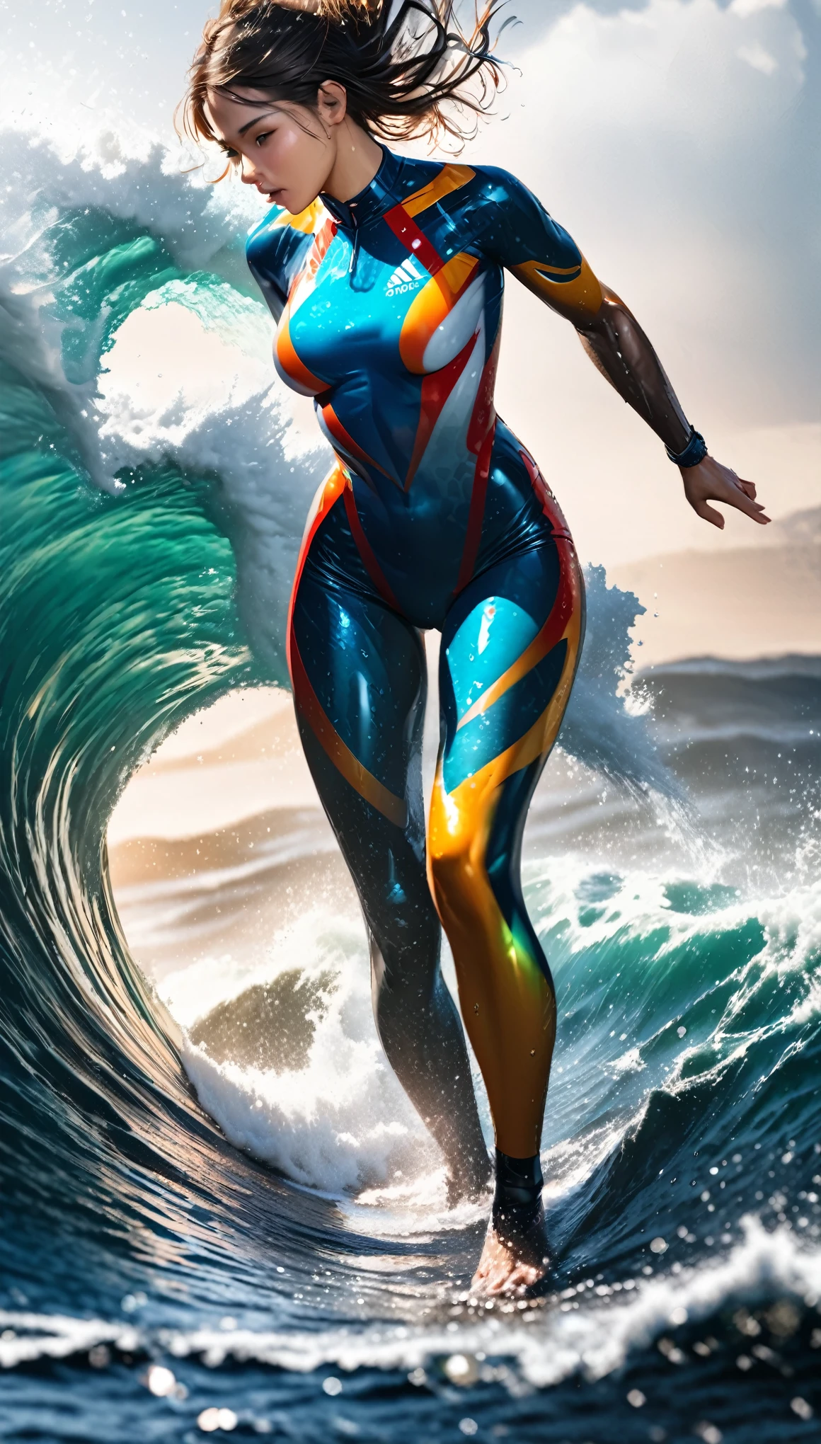 beautiful woman, surfing, wearing flashy wetsuit, covered in tattoos, great proportion, big wave, water splash, uplifting, background rough sea, shading effects, gradation magic effects, foggy filter effects, glitter effects, sunlight effect, motion effect, blur effect, (ultra detailed, absolutely resolution, best quality:1.3), 2.5D, delicate and dynamic, seamless image fusion, artistic photography, hyper realistic, graphic CG digital art