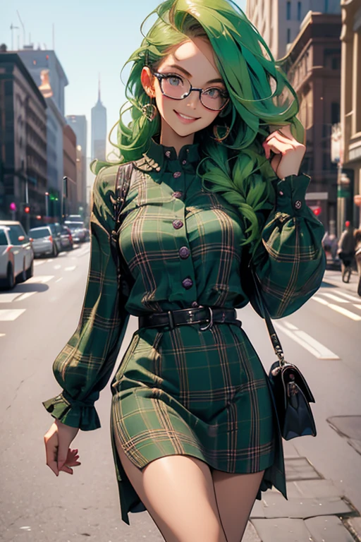 Perfect face. Perfect hands. A green haired woman with violet eyes and glasses with an hourglass figure in a plaid dress is walking through a busy street with a big smile