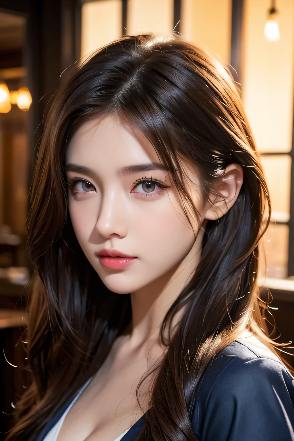 High-quality work,Realistic works,Super premium graphics,8K HD CG works,high quality graphics,High-definition and exquisite CG works,10x pixels,Ultra-fine details:1.1,Advanced technical details:1.1Realistic photo effects,Interior lighting effects:1.5,natural soft light:1.5. Light effect(Virtual light effects:1.8),ultra high resolution,shining dress,sliver long hair,silber hair,transparenthair,high detailed hair(Quality hair details:1.1)Clear eyes,Double eyelids look good,Sharp eye makeup, Create exquisite eyelash makeup, tthin eyebrows, Ultra-detailed eyes,a tall nose, lovely red lips, rosey cheeks, With delicate makeup on her face , pretty face, The face shape is perfectly proportioned,(Advanced facial details:1.1)Masterpiece, highest quality, realistic, very detailed. Subtleties High resolution 8k wallpaper beautiful woman. Wearing a dark blue see-through shirt. Great bar restaurant. At night. Light brown messy hair. The perfect dynamic composition of beautiful and beautiful eyes gradually in 25 year old woman has a long light brown hairstyle with slight bangs.,Dress up and have a unique style. ,Light brown eyes and beautiful They are cute and fun playmates.,Wear glasses with a beautiful and modern design.,Beautiful, healthy, white-pink skin.,small mouth. Women's artwork,Dress full body video,Realism,Amazing Cleavage,My eyes are very bright today