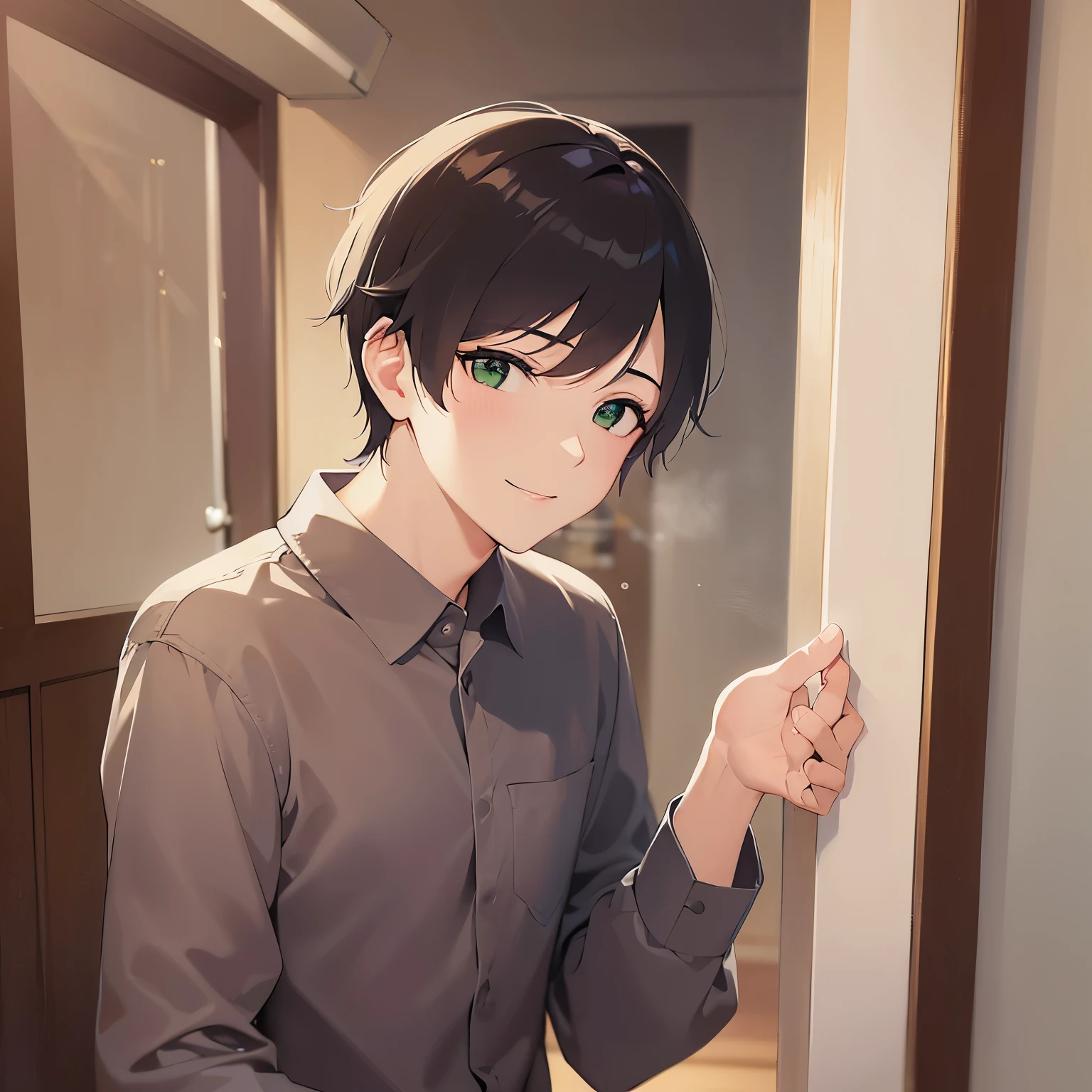 Side shot、upper body、
masterpiece、Highest quality、
BREAK (25-year-old male:1.5) and (Mahogany brown short hair) and (Green Eyes)
 BREAK,Black long sleeve shirt、
Serious,smile,Are standing、Background is bedroom at night、alone