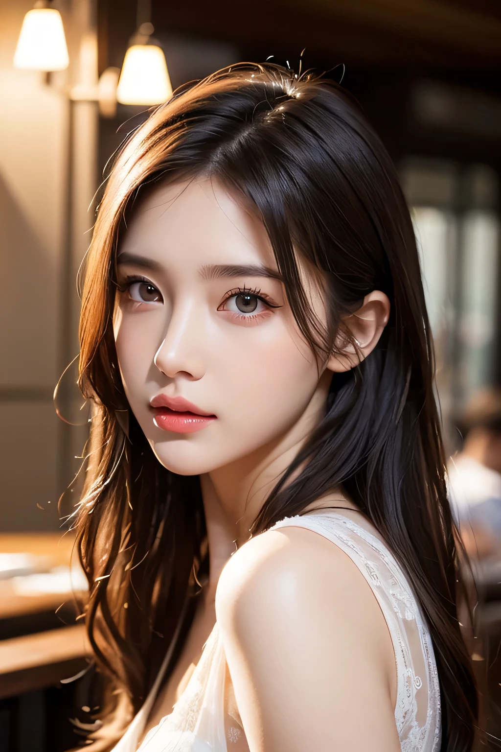 High-quality work,Realistic works,Super premium graphics,8K HD CG works,high quality graphics,High-definition and exquisite CG works,10x pixels,Ultra-fine details:1.1,Advanced technical details:1.1Realistic photo effects,Interior lighting effects:1.5,natural soft light:1.5. Light effect(Virtual light effects:1.8),ultra high resolution,shining dress,sliver long hair,silber hair,transparenthair,high detailed hair(Quality hair details:1.1)Clear eyes,Double eyelids look good,Sharp eye makeup, Create exquisite eyelash makeup, tthin eyebrows, Ultra-detailed eyes,a tall nose, lovely red lips, rosey cheeks, With delicate makeup on her face , pretty face, The face shape is perfectly proportioned,(Advanced facial details:1.1)Masterpiece, highest quality, realistic, very detailed. Subtleties High resolution 8k wallpaper beautiful woman. Wearing a dark blue see-through shirt. Great bar restaurant. At night. Light brown messy hair. The perfect dynamic composition of beautiful and beautiful eyes gradually in 25 year old woman has a long light brown hairstyle with slight bangs.,Dress up and have a unique style. ,Light brown eyes and beautiful They are cute and fun playmates.,Wear glasses with a beautiful and modern design.,Beautiful, healthy, white-pink skin.,small mouth. Women's artwork,Dress full body video,Realism,Amazing Cleavage,My eyes are very bright today
