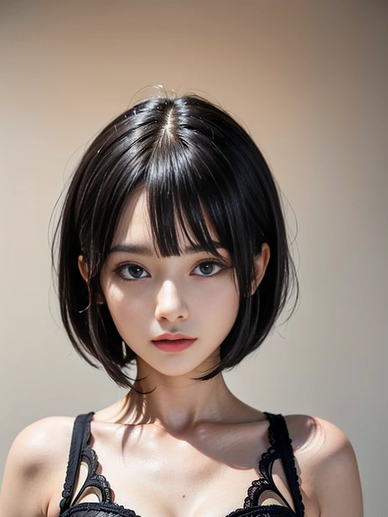 Masterpiece,best quality,solo, one beautiful Japanese girl,,(Young body, innocent face, innocent expression:1.5),(black eyes,large eyes, half-open eyes, eyelids half-closed, glazed over, slanting eyes,sleepy eyes:1.5),(black soft hair,bob cut,straight bangs:1.5),(Infantile body,flat chest:1.5)