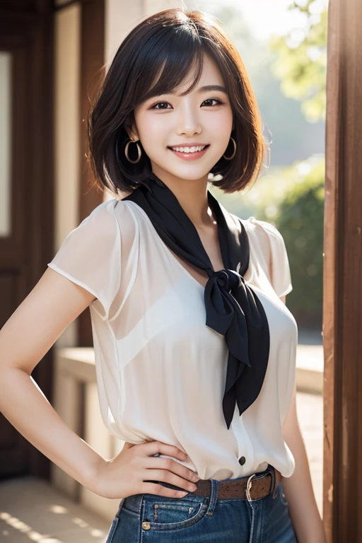 (A Beautiful youthful lady、 Korean woman、Fashion model、Black Hair、Wavy Hair、short hair、bob hair、ponytail hair、hair with side bangs、very detailed & beautiful facial features、beautiful detailed eyes、flawless skin、hands on hip、feminine gentle feel、
ear piercing、silk scarf around the neck、see-through silk blouse & dresedium breasts、 melon face 、kind smile、Beautiful teeth alignment、Intricate details、(Very detailed:1.2)、 Looking into the camera, lens flare、sun rays、bokeh background, the cowboy shot, SFW)