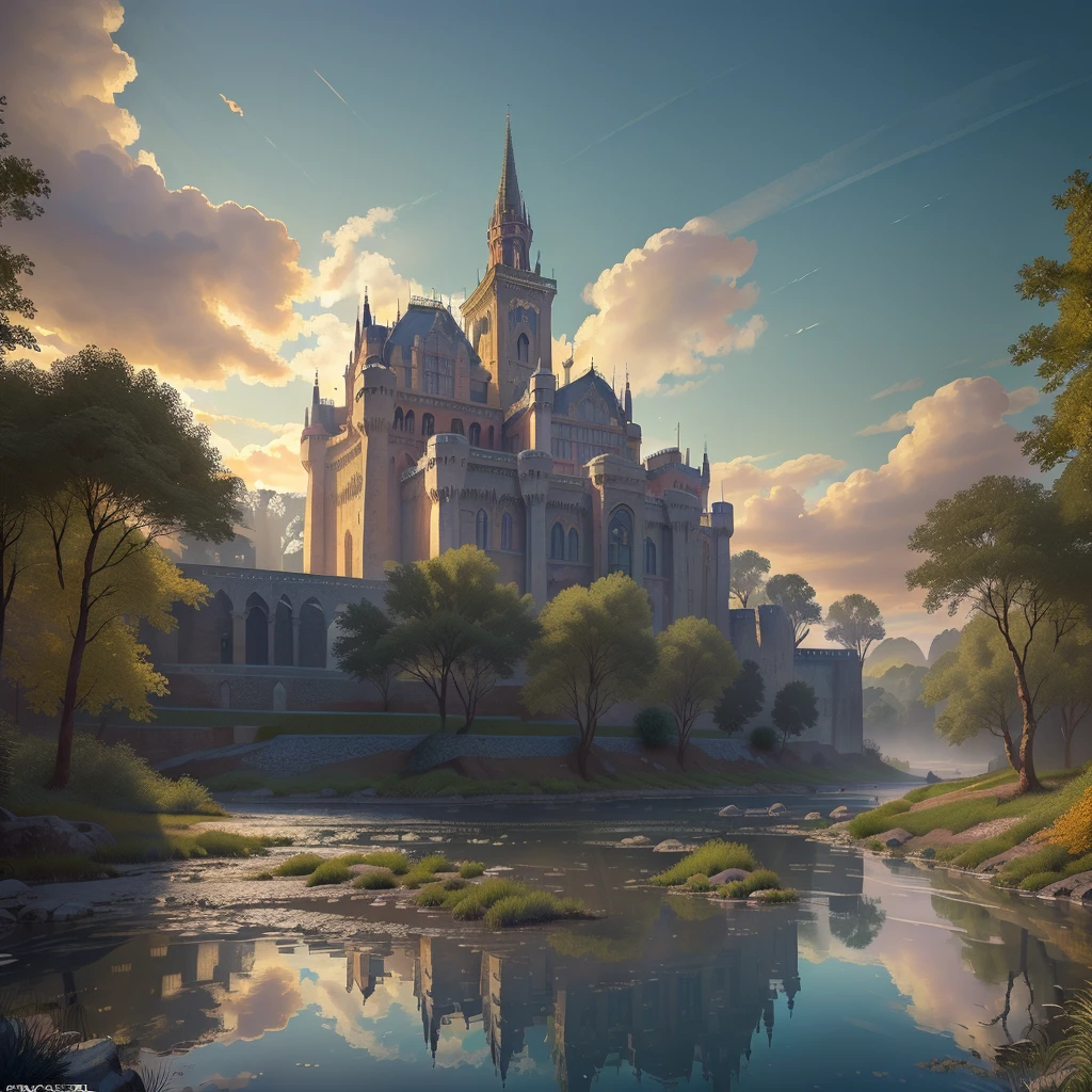 (best quality,4k,8k,highres,masterpiece:1.2),ultra-detailed,(realistic,photorealistic,photo-realistic:1.37), colossal and ornate gothic concentric castle, overlooking a pristine river, stunning reflection, detailed crystalline structures, intricate facets, radiant lighting, vibrant colors, dramatic shadows, fantasy landscape, ethereal atmosphere, cinematic composition