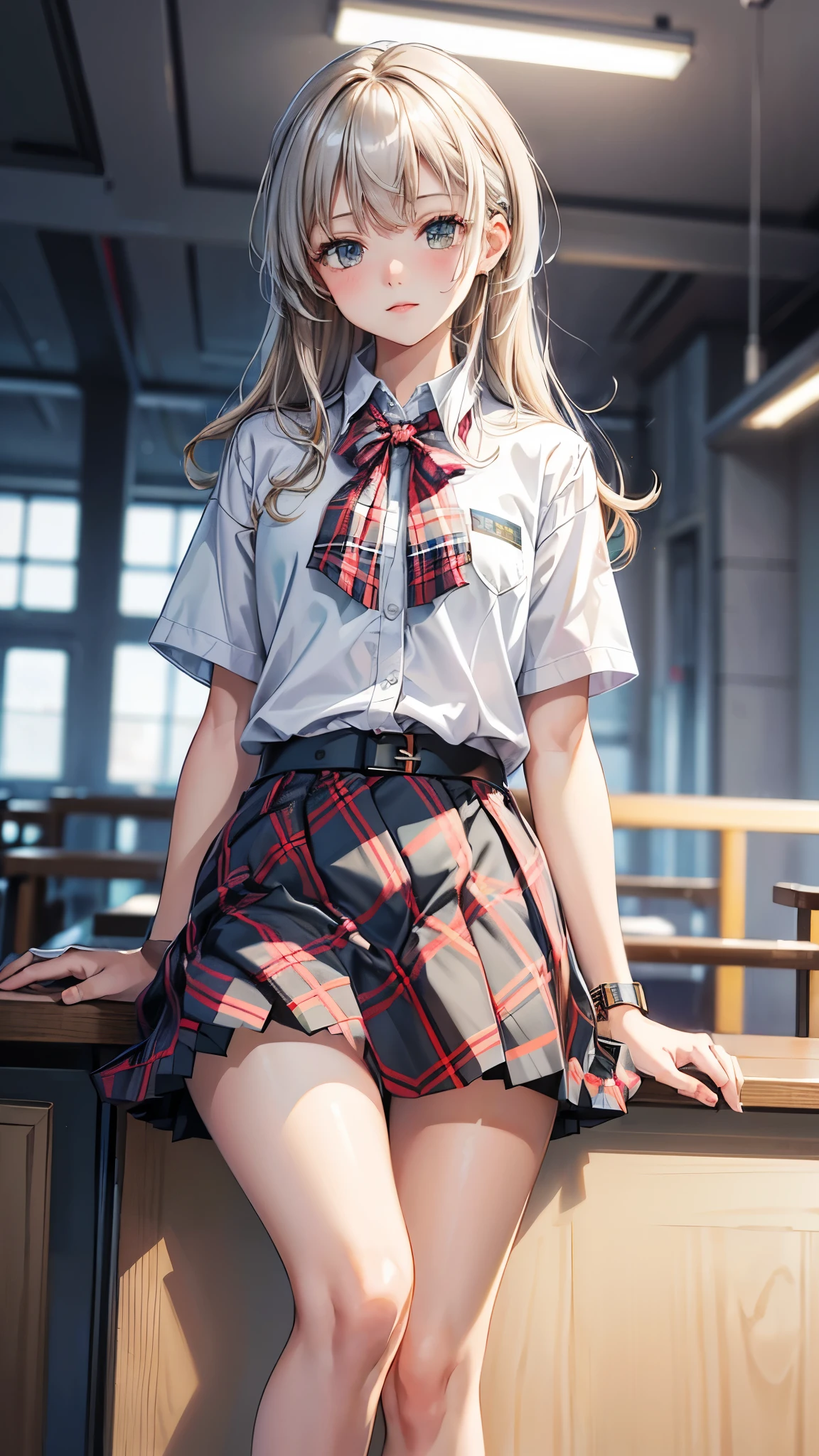 (La Best Quality,A high resolution,Ultra - detailed,actual),Alisa Mikhailovna Kujou es un estudiante, (short plaid skirt shein:1.4), silver blonde hair, student shirt, It&#39;s a mix of Russian and Japanese.,(uniform and student Lolita :1.4), (alya Sometimes Hides Her Feelings in Russian:1.4 ), (alya Sometimes Hides Her Feelings in Russian:V2.1) ,(School hallway lockers background :1.4 ), epic fantasy art style hd, 4K fantasy art, epic fantasy digital art style, epic fantasy art style, Fantasy Woman, epic fantasy art portrait, Epic fantasy style, hyperrealistic fantasy art, hd fantasy art, epic fantasy character art, epic fantasy art, in style of dark fantasy art, epic fantasy digital art, (cowboy pose :1.4), (Alisa Mikhailovna Kujou:1.4),( cyberpunk style :1.4), bright colors, (cinematic lighting :1.4),( face detailed :1.4),( stylized anime :1.4), (perfect anatomy :1.4), (high school classroom background :1.4), More detailed 8K.unreal engine:1.4,UHD,La Best Quality:1.4, photorealistic:1.4, skin texture:1.4, masterpiece:1.8,first work, Best Quality,object object], (detailed face features:1.3),(The correct proportions),(Beautiful blue eyes:1.4 ),  (cowboy pose), (Five Fingers, Four fingers and thumb),(skirt lifted by itself: 1.1), (skirt lift: 1.3), (showing white panties: 1.3), (Alisa Mikhailovna Kujou:V2.1) 