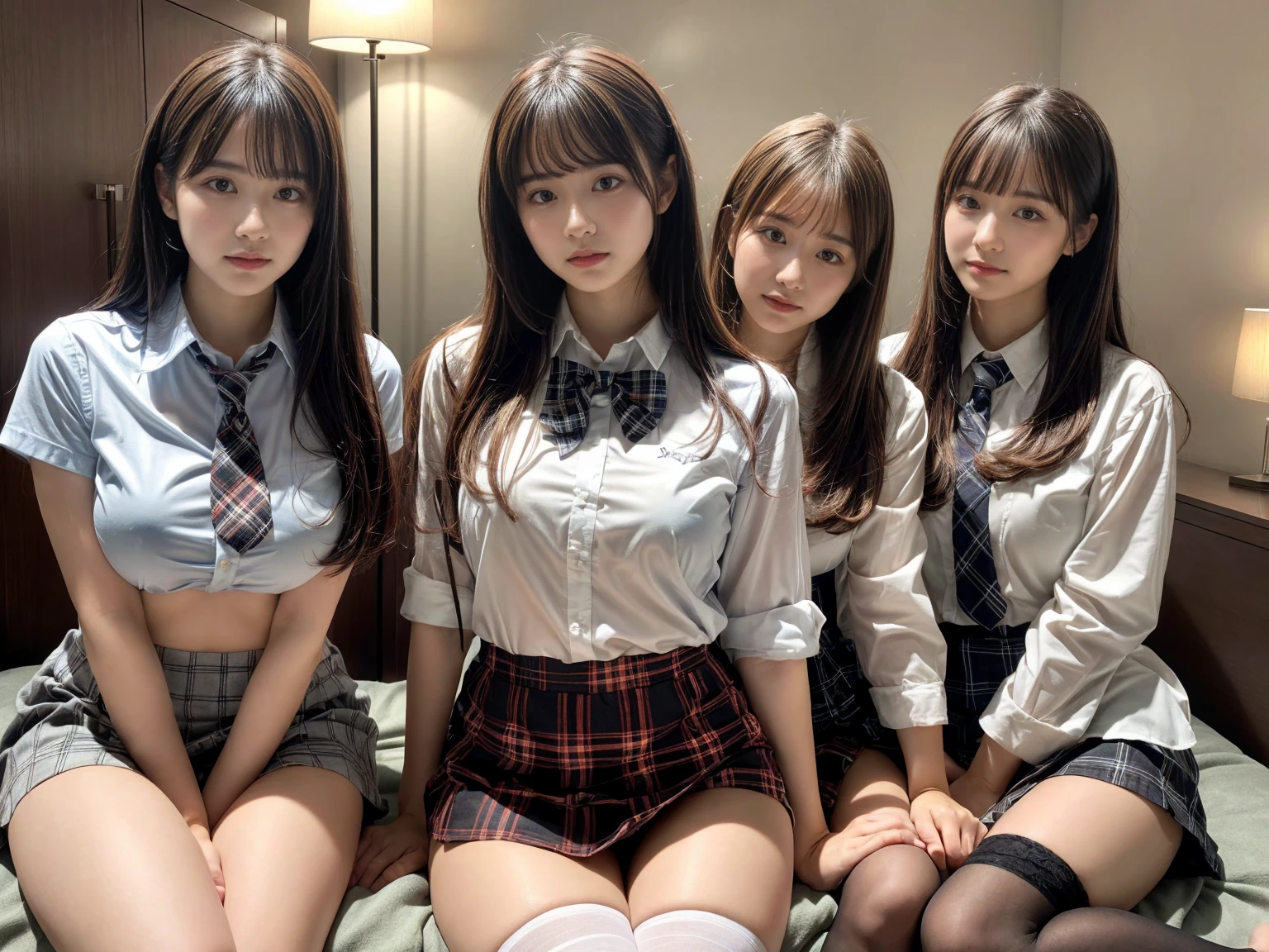 masterpiece, best quality, illustration, Super detailed, fine details, High resolution, 8K,wall paper, perfect dynamic composition,(Details High quality, realistic depiction of eyes:1.3), (3 girls), (white school shirt :1.2), (plaid skirt :1.3), tie black, black thigh-high stockings, sitting, open legs, short bob hair, in a hotel room in the background, deep on field, large breasts, black hair color, Big Natural Color Lip, (perfect body shape), crying a little、Harajuku style、20 year old girl、cute type、beautiful legs, Gravure Idol